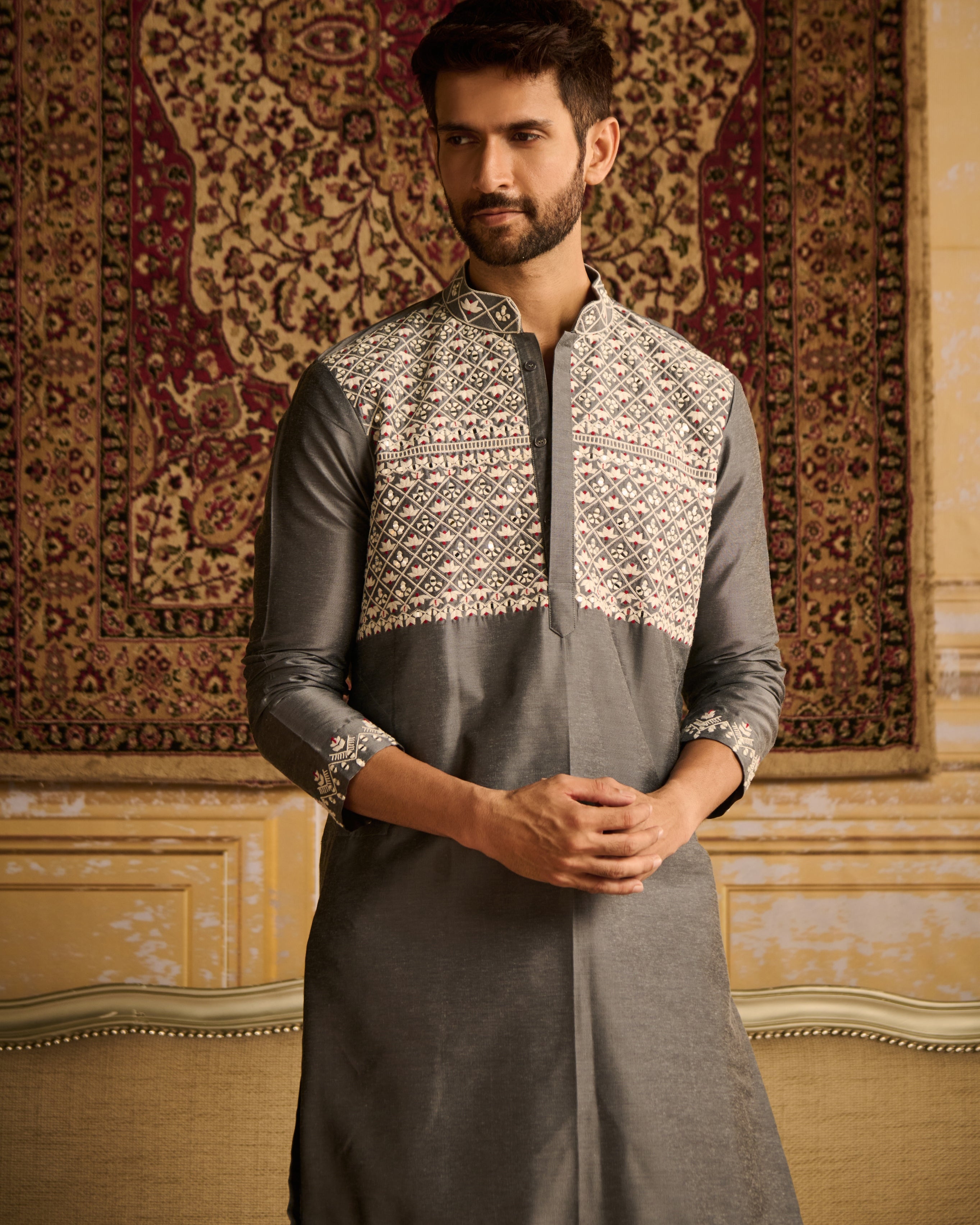 Grey With White Floral Geometric Embroidered Kurta With Grey Pants