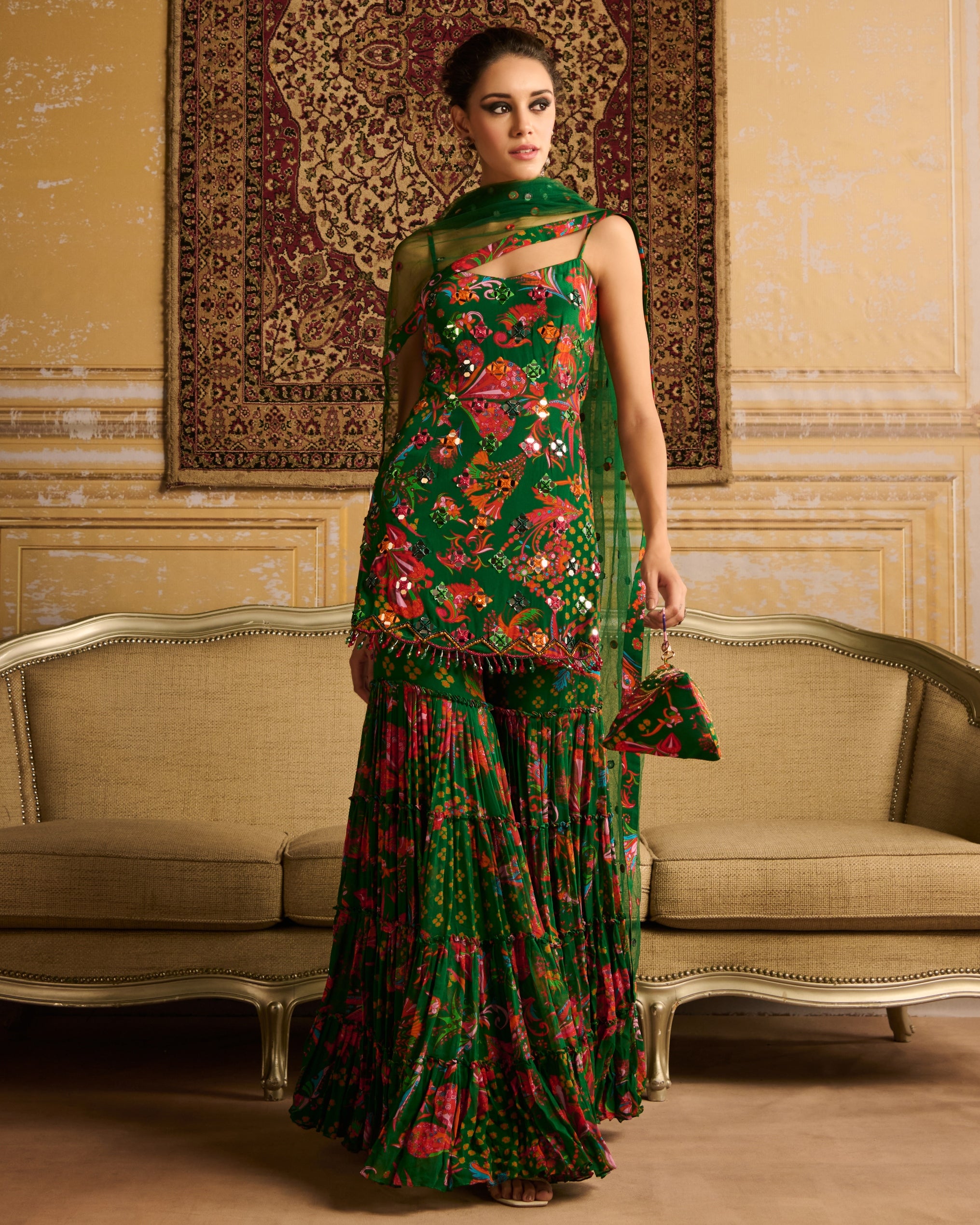 Dark Green Embroidered Kurti And Gharara Set