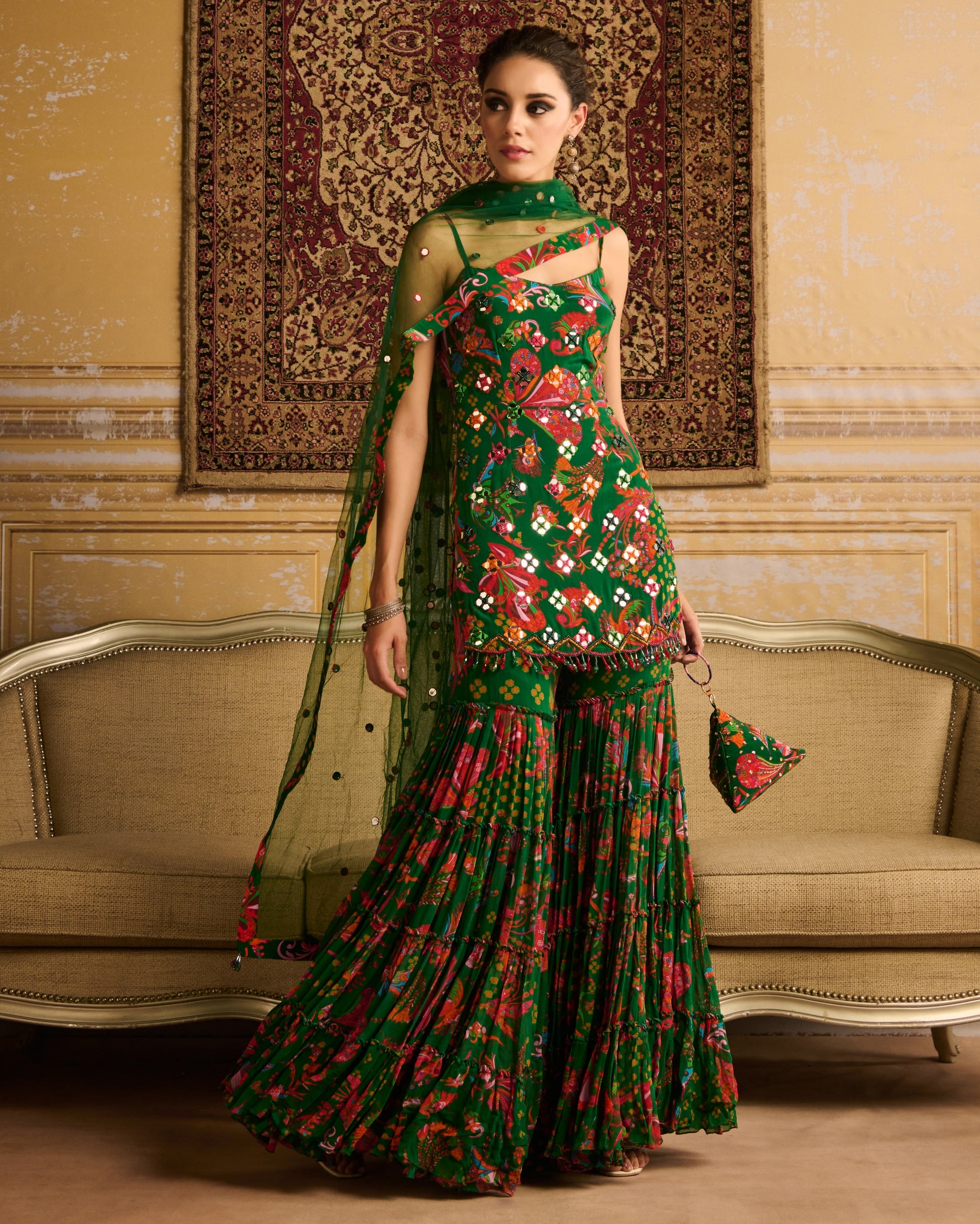 Dark Green Embroidered Kurti And Gharara Set