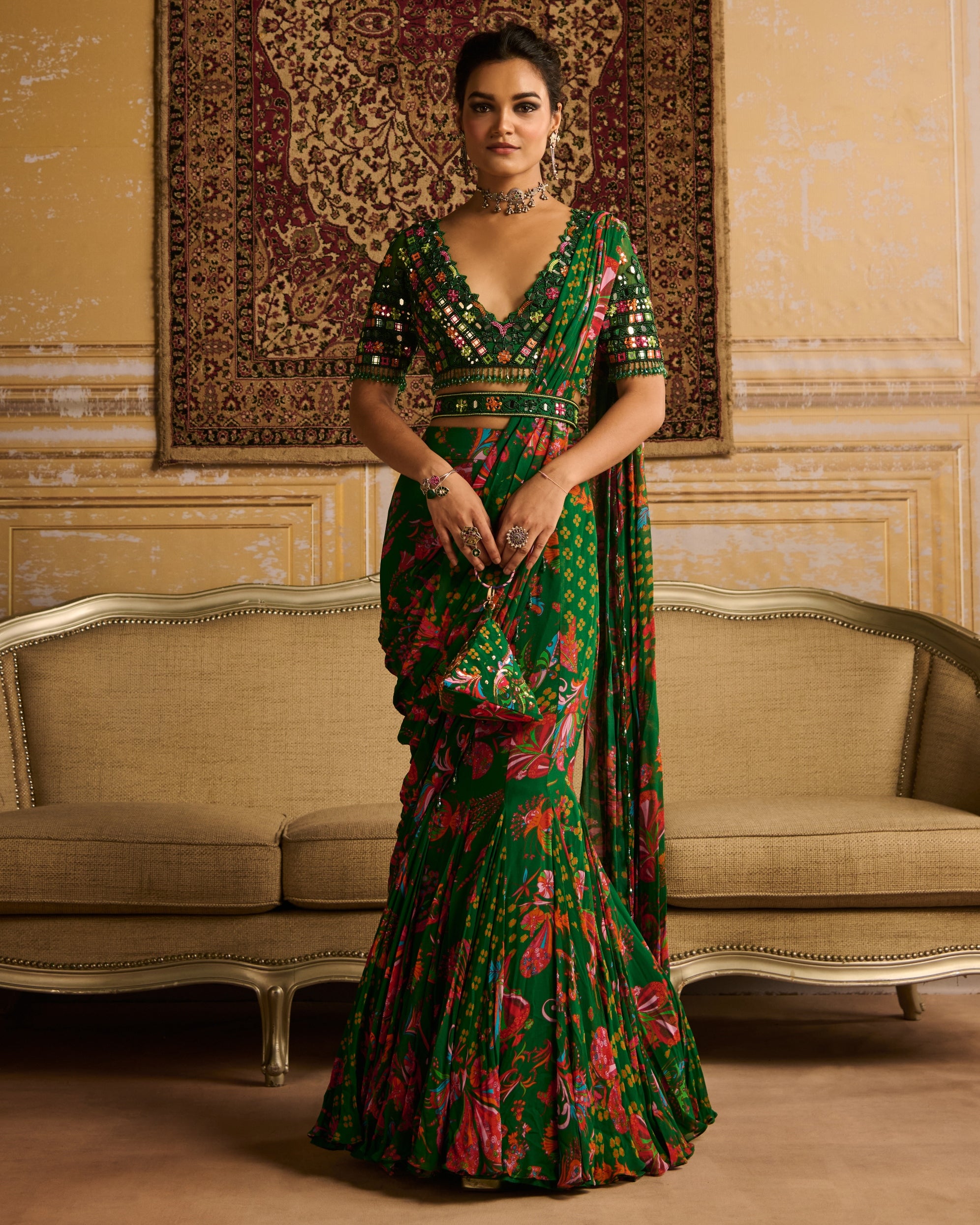 Dark Green Embroidered Blouse And Mermaid Sari Set