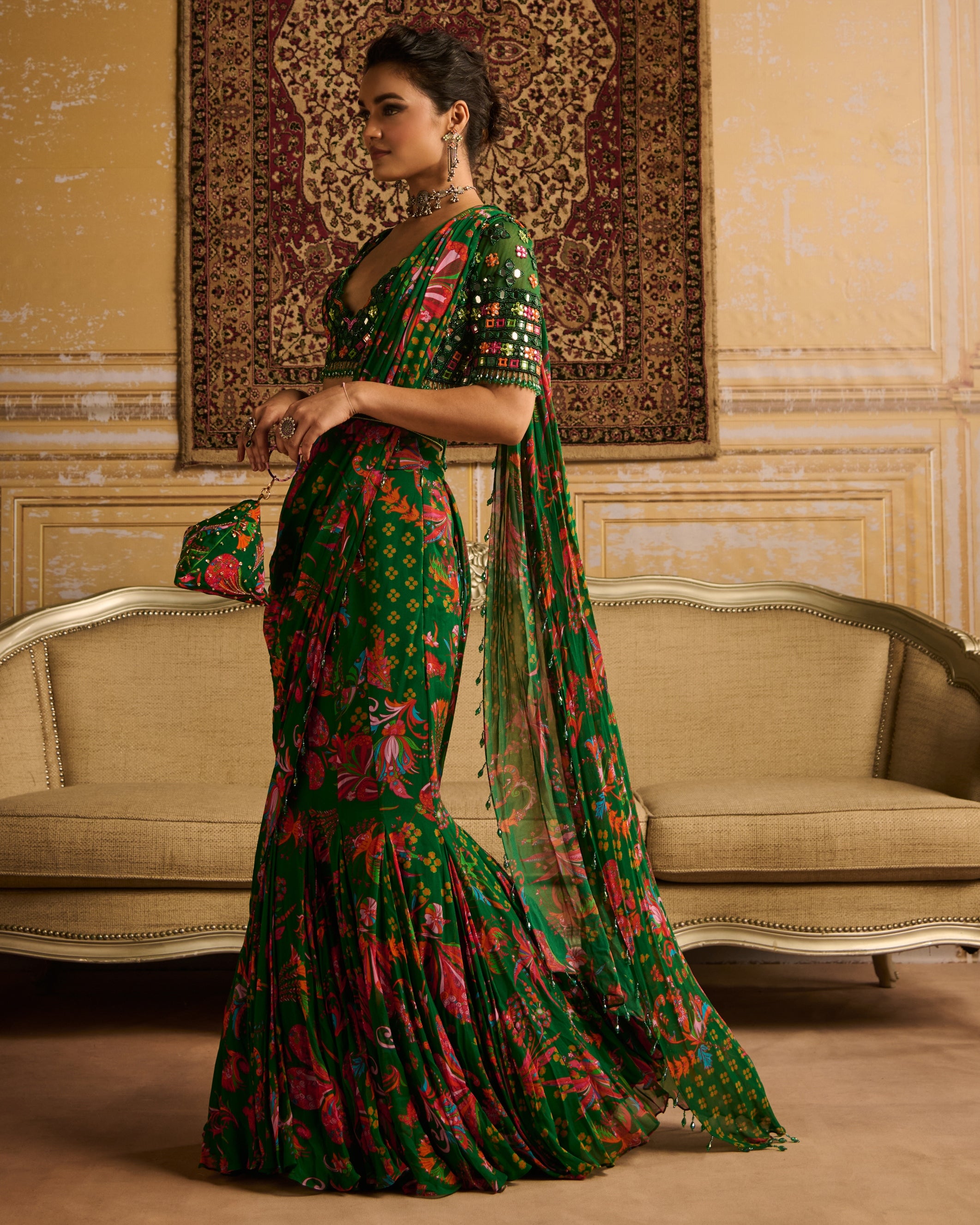 Dark Green Embroidered Blouse And Mermaid Sari Set