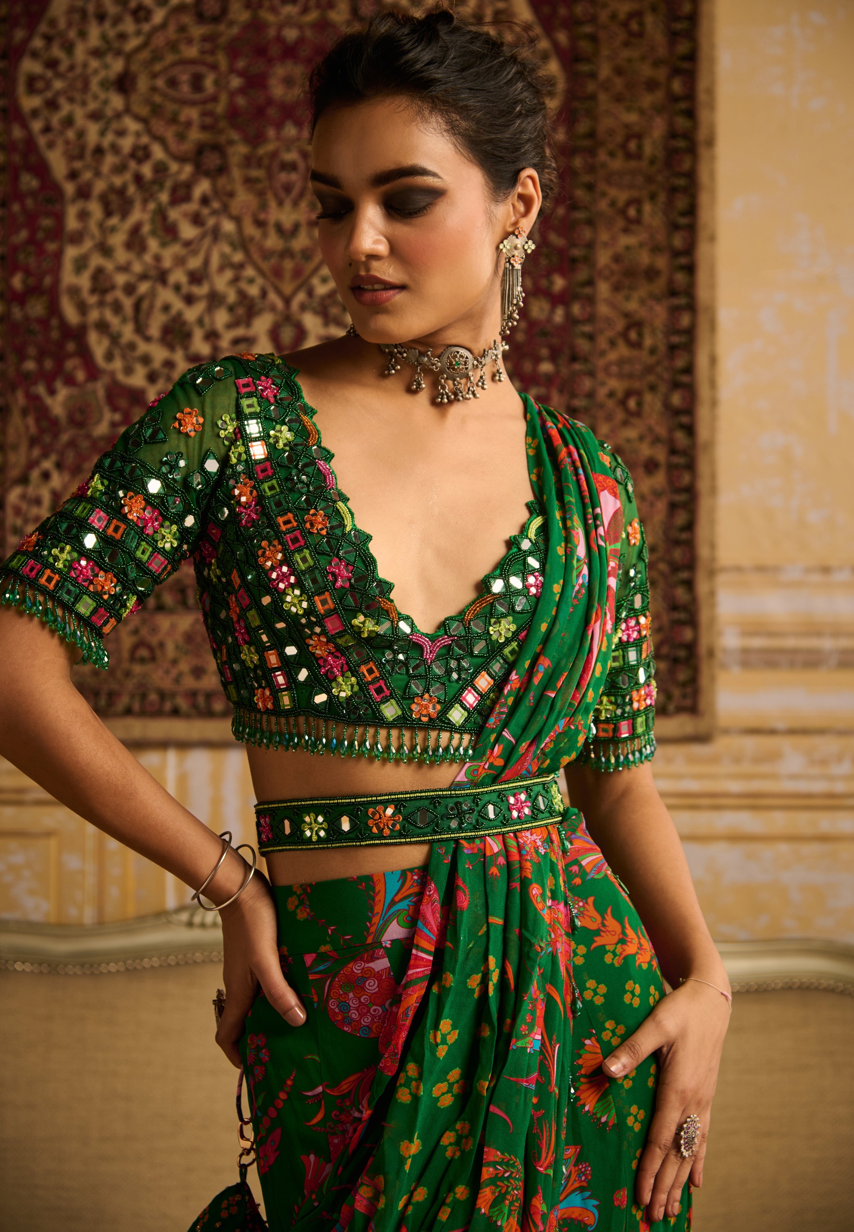 Dark Green Embroidered Blouse And Mermaid Sari Set