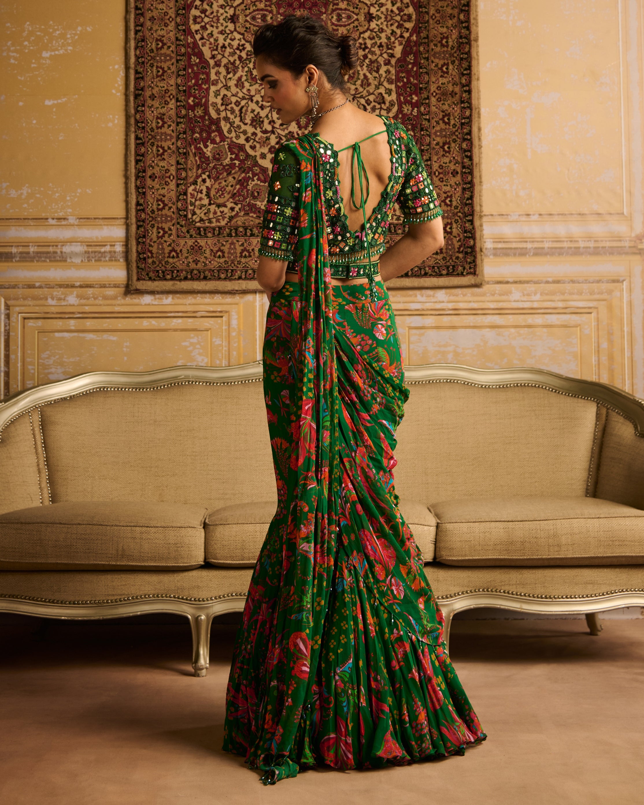 Dark Green Embroidered Blouse And Mermaid Sari Set