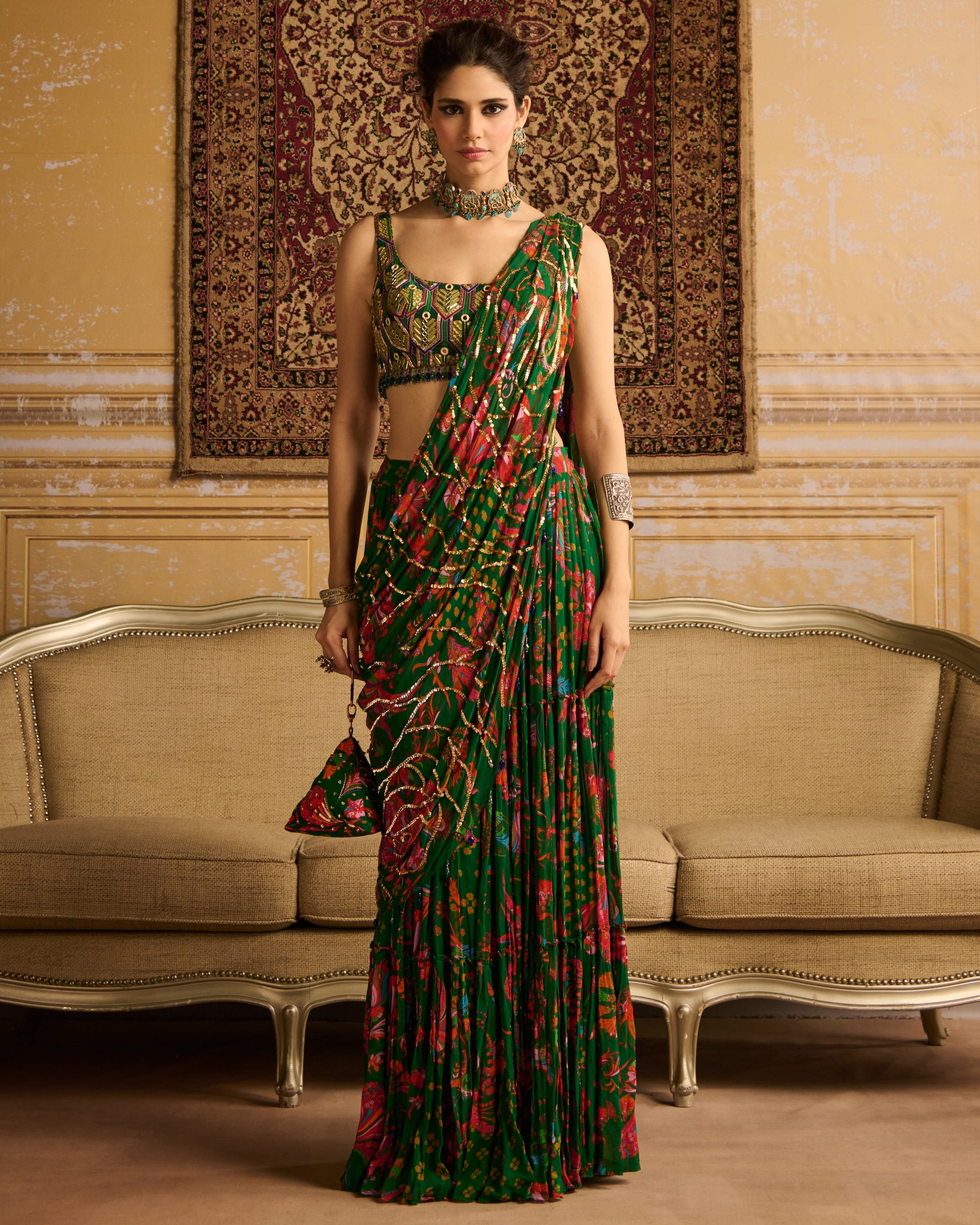 Dark Green Highlight Blouse And Tiered Skirt Sari Set