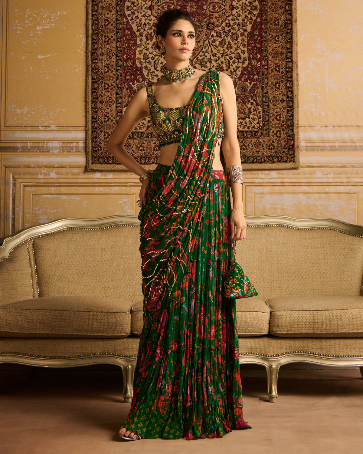 Dark Green Highlight Blouse And Tiered Skirt Sari Set