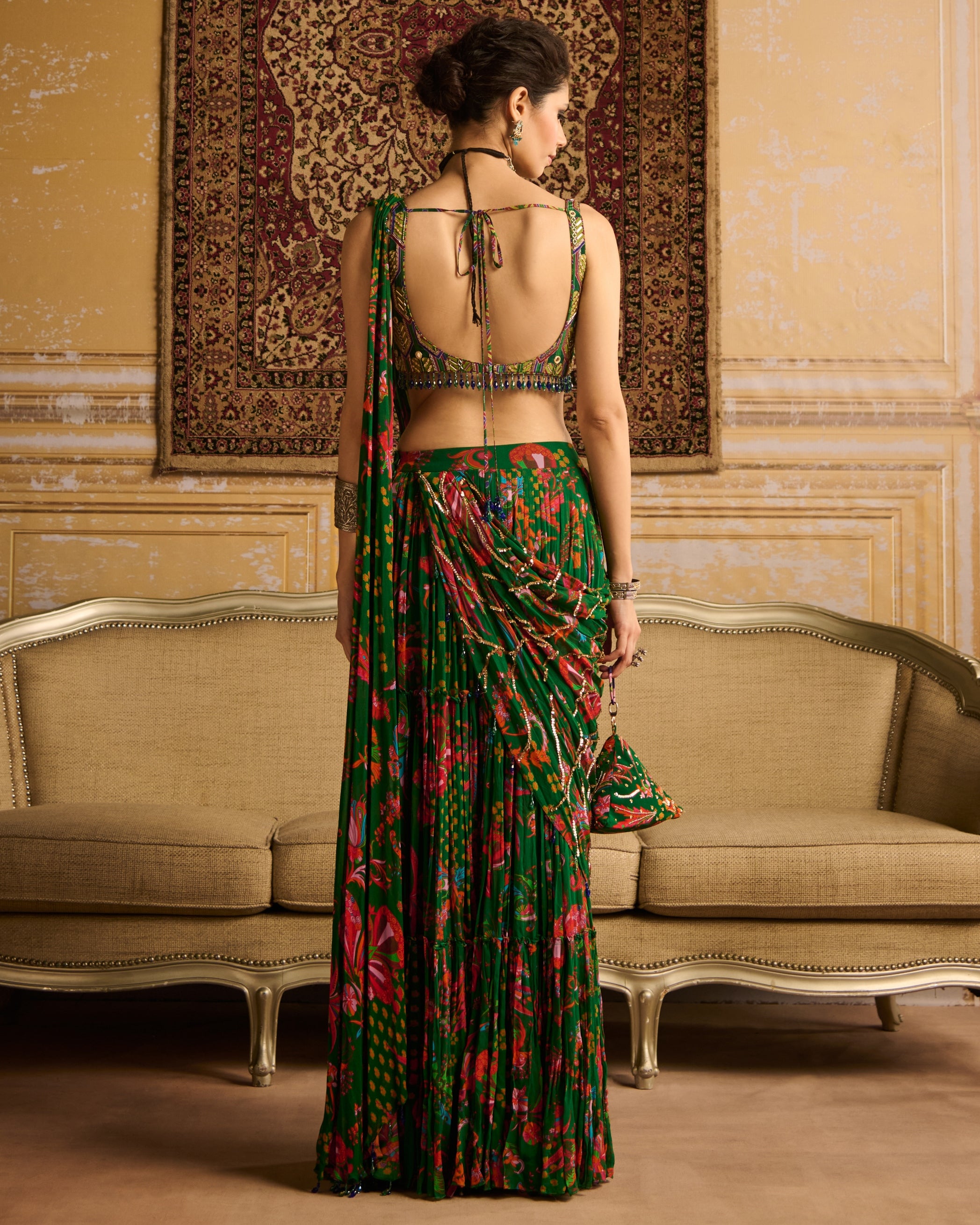 Dark Green Highlight Blouse And Tiered Skirt Sari Set