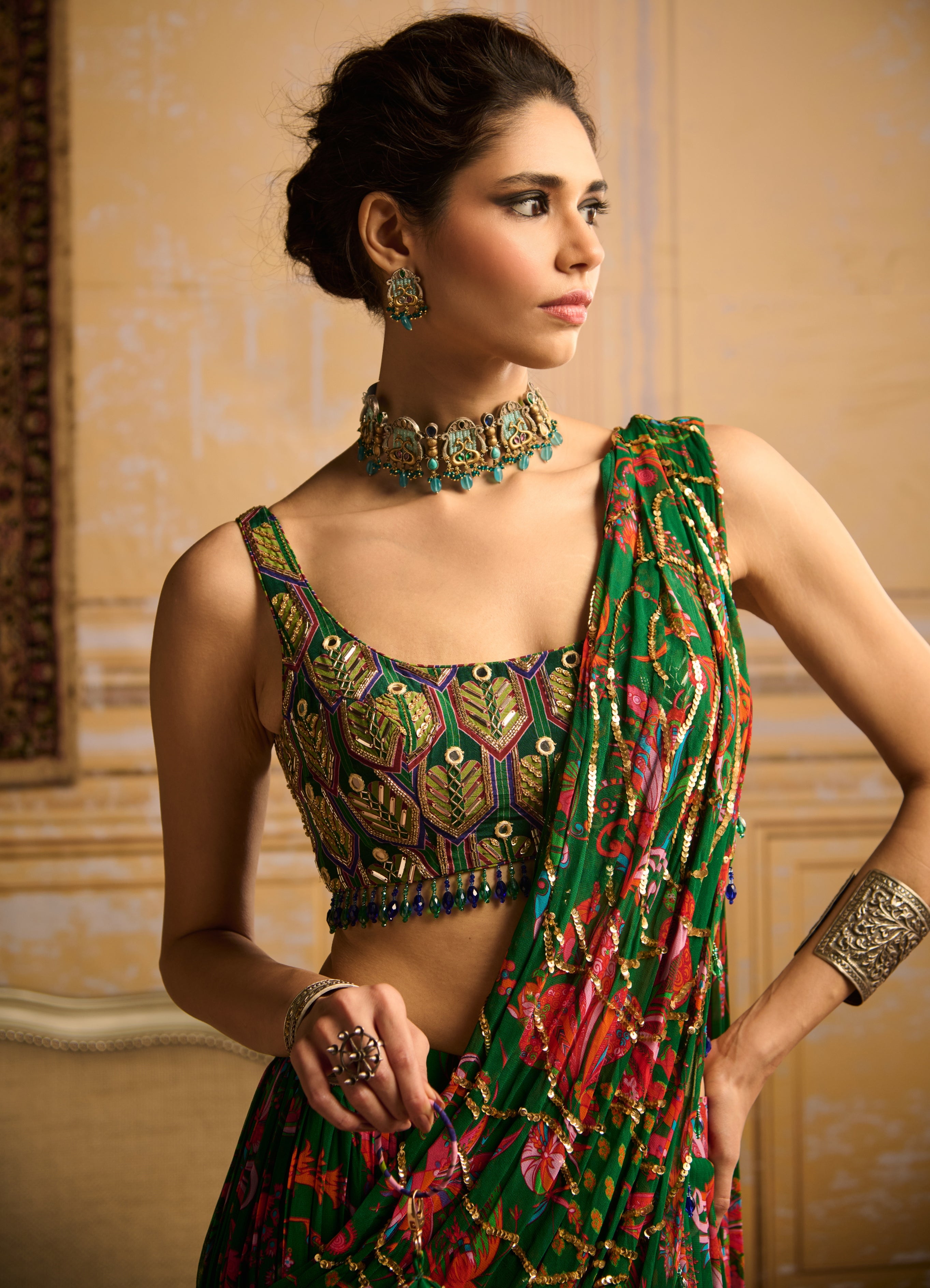 Dark Green Highlight Blouse And Tiered Skirt Sari Set