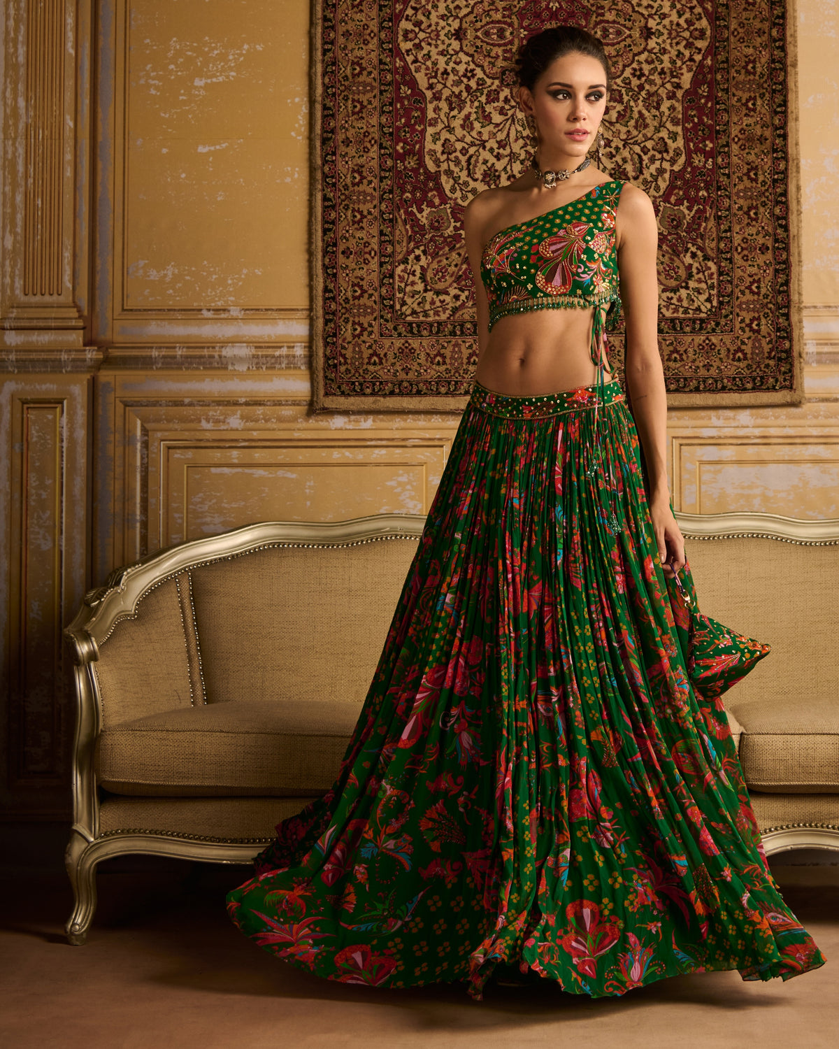 Dark Green Embroidered Blouse And Lehenga Set