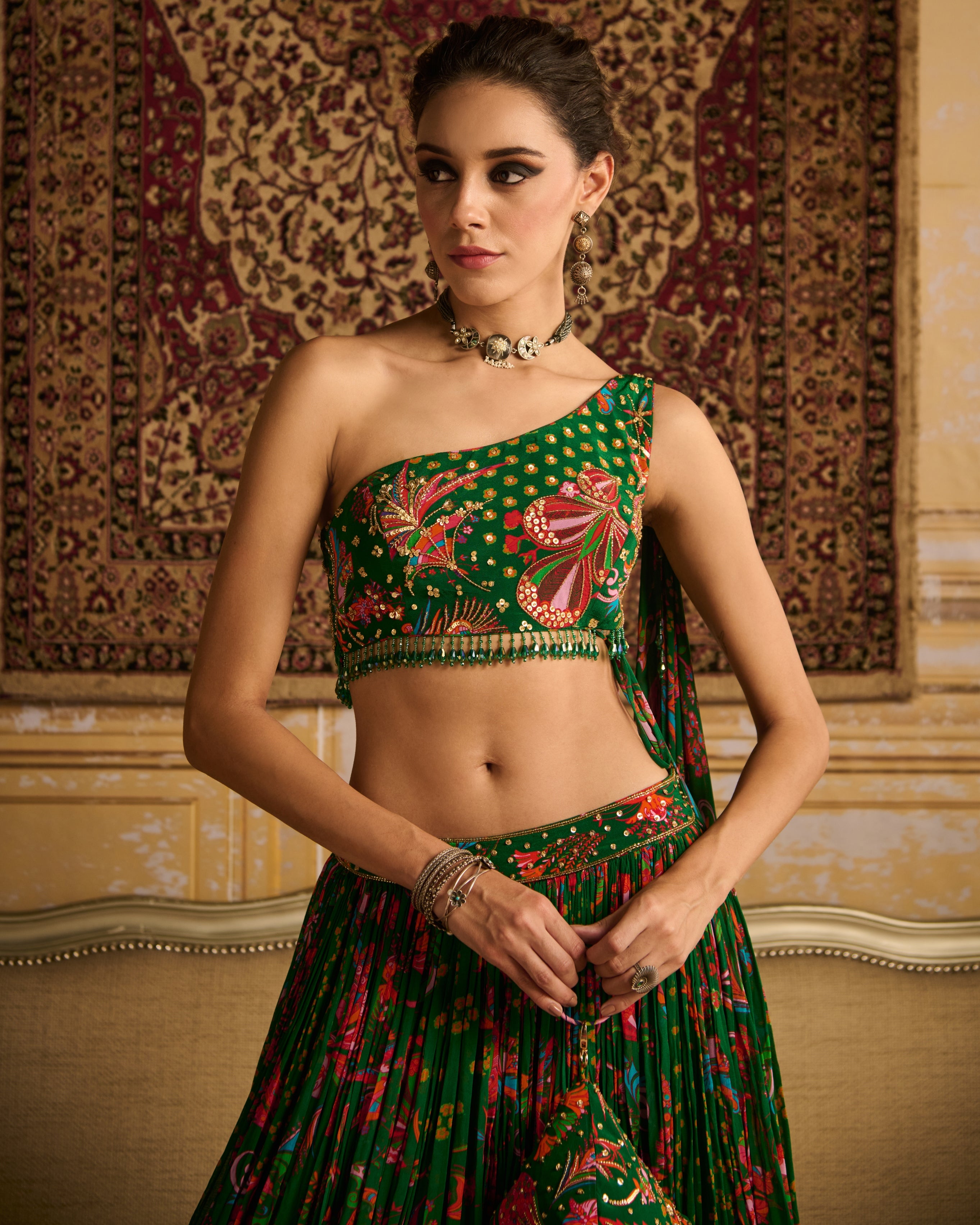 Dark Green Embroidered Blouse And Lehenga Set