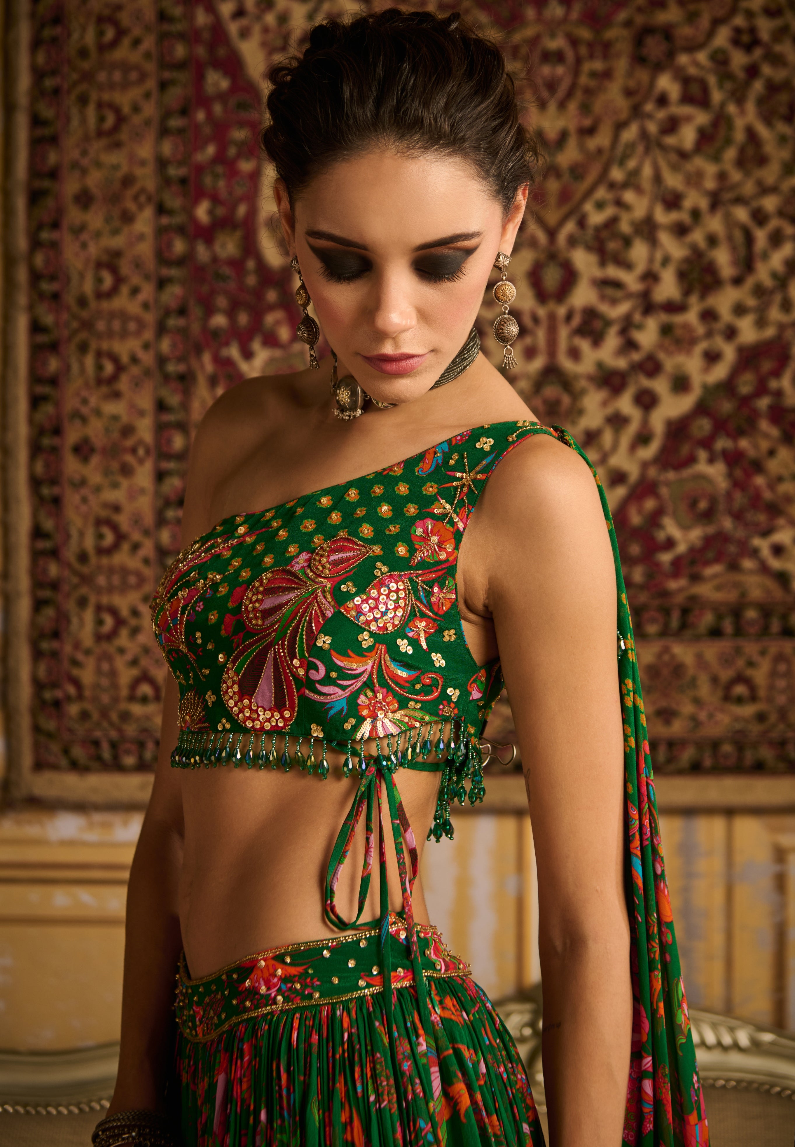 Dark Green Embroidered Blouse And Lehenga Set