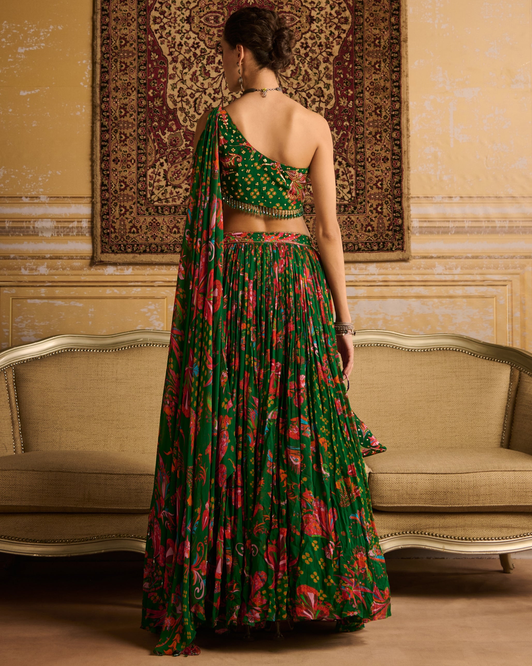 Dark Green Embroidered Blouse And Lehenga Set