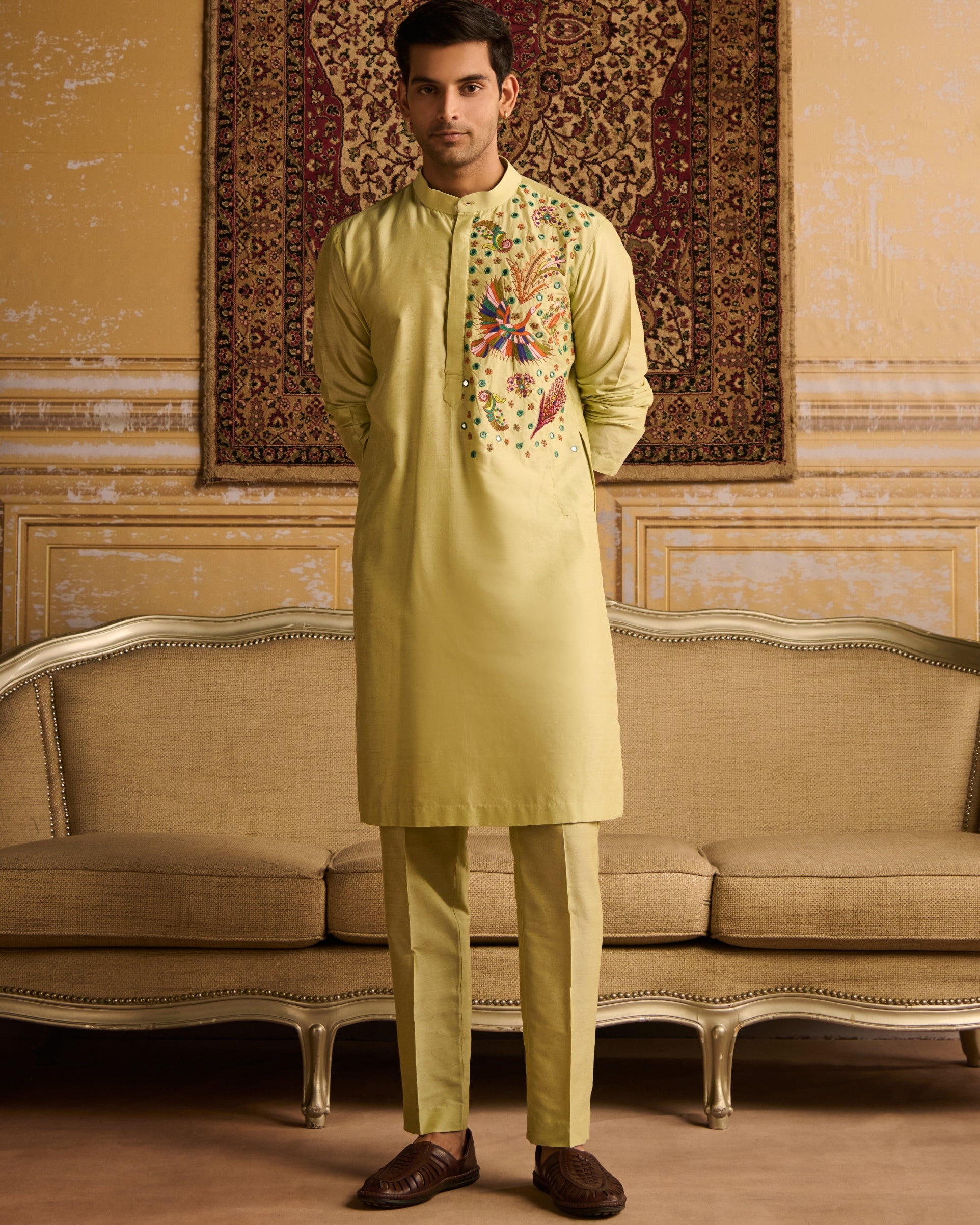 Mint Green Cosmic Floral Embroidered Kurta With Mint Green Pants