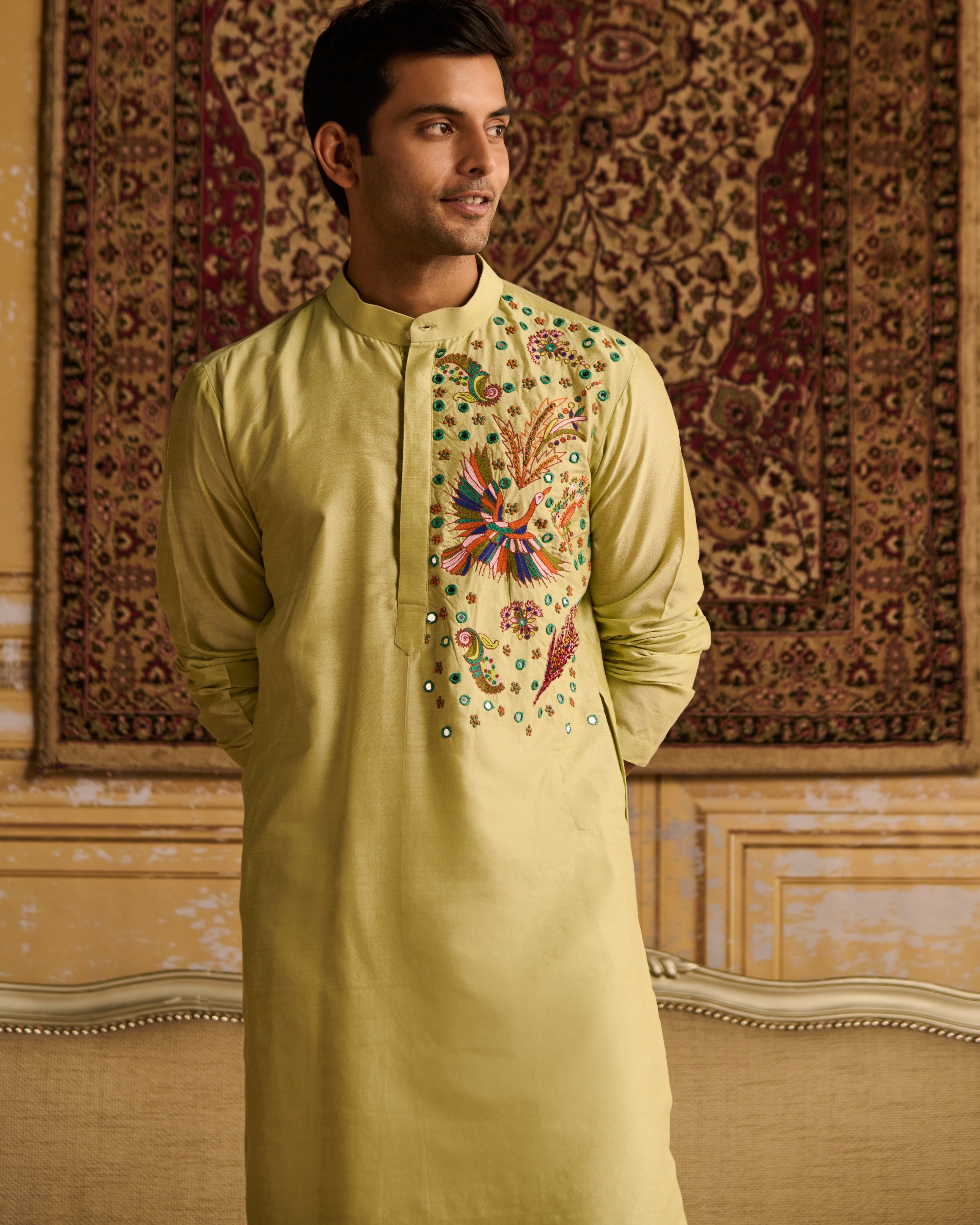 Mint Green Cosmic Floral Embroidered Kurta With Mint Green Pants