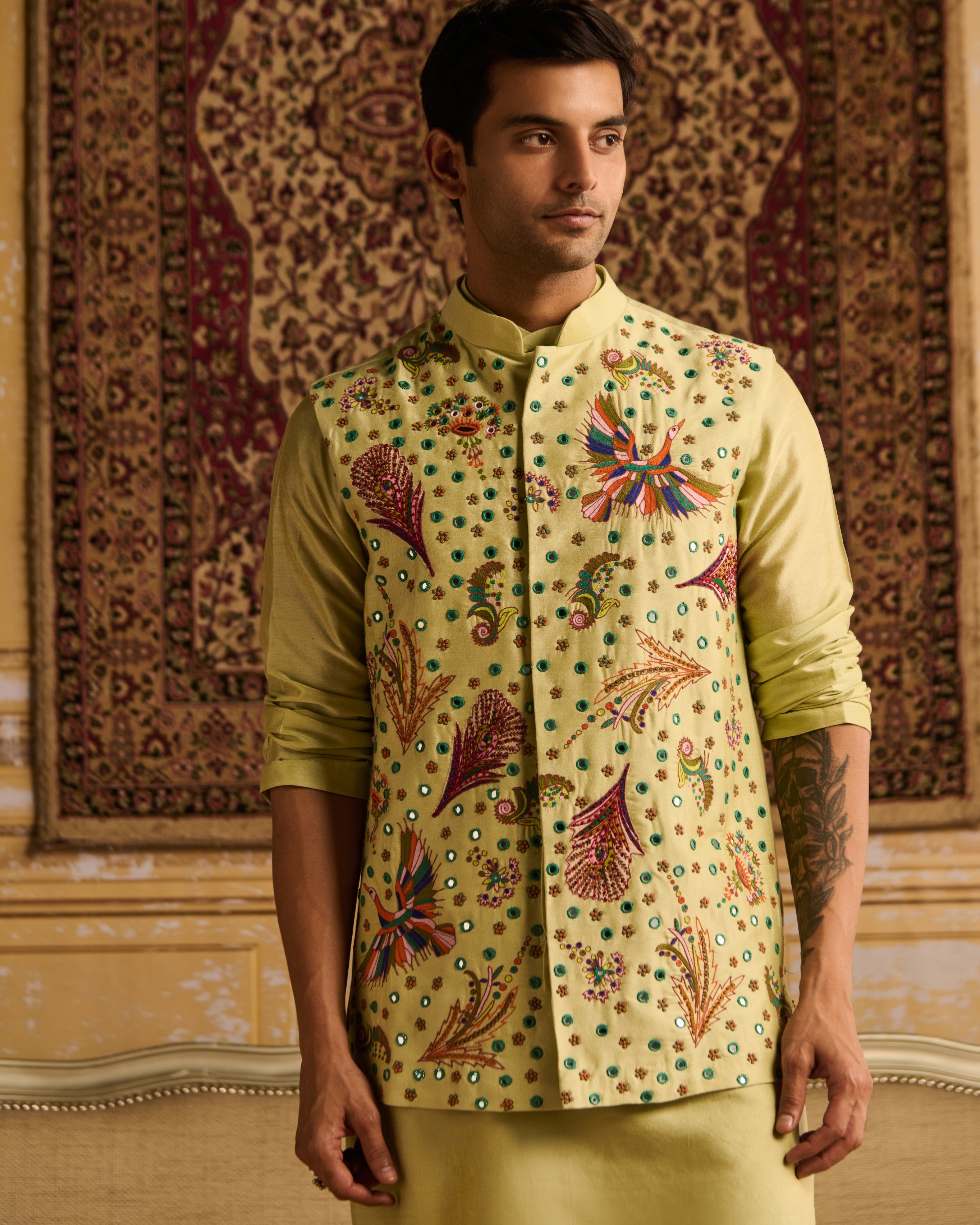 Mint Green Cosmic Floral Embroidered Kurta With Mint Green Pants