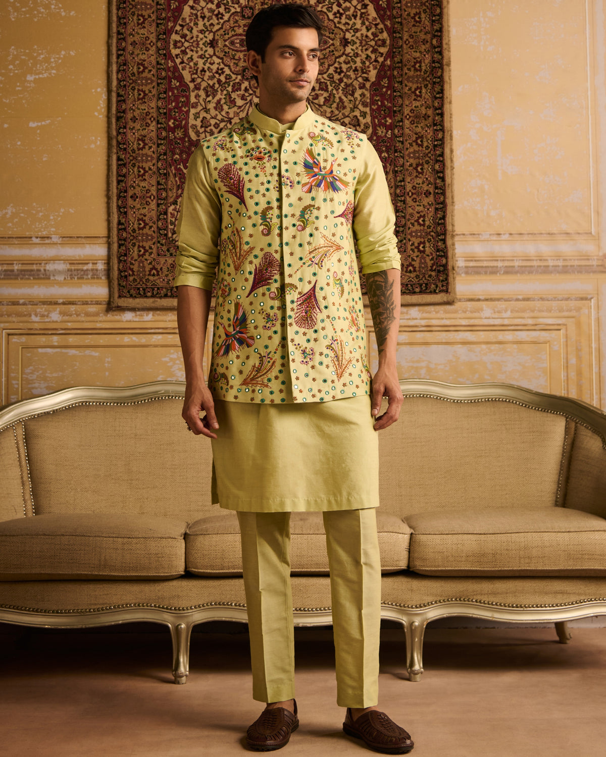 Mint Green Cosmic Floral Embroidered Kurta With Mint Green Pants