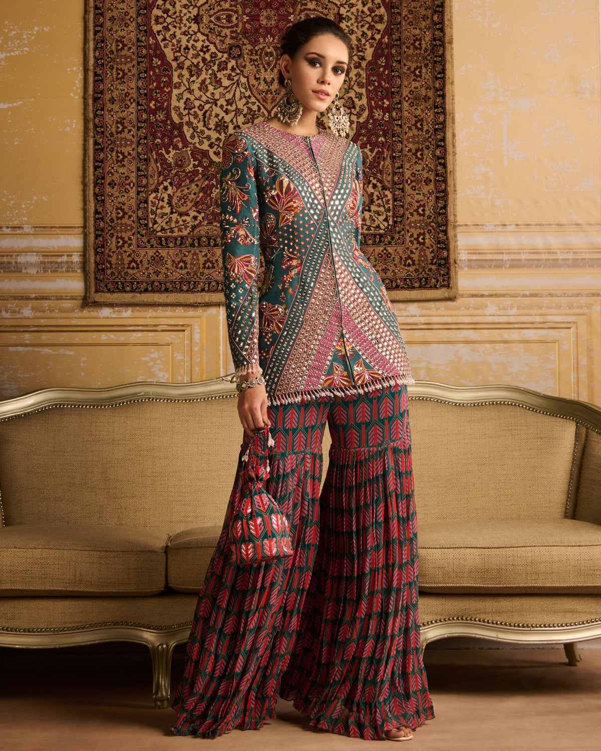 Teal Highlighted Jacket And Gharara Pants