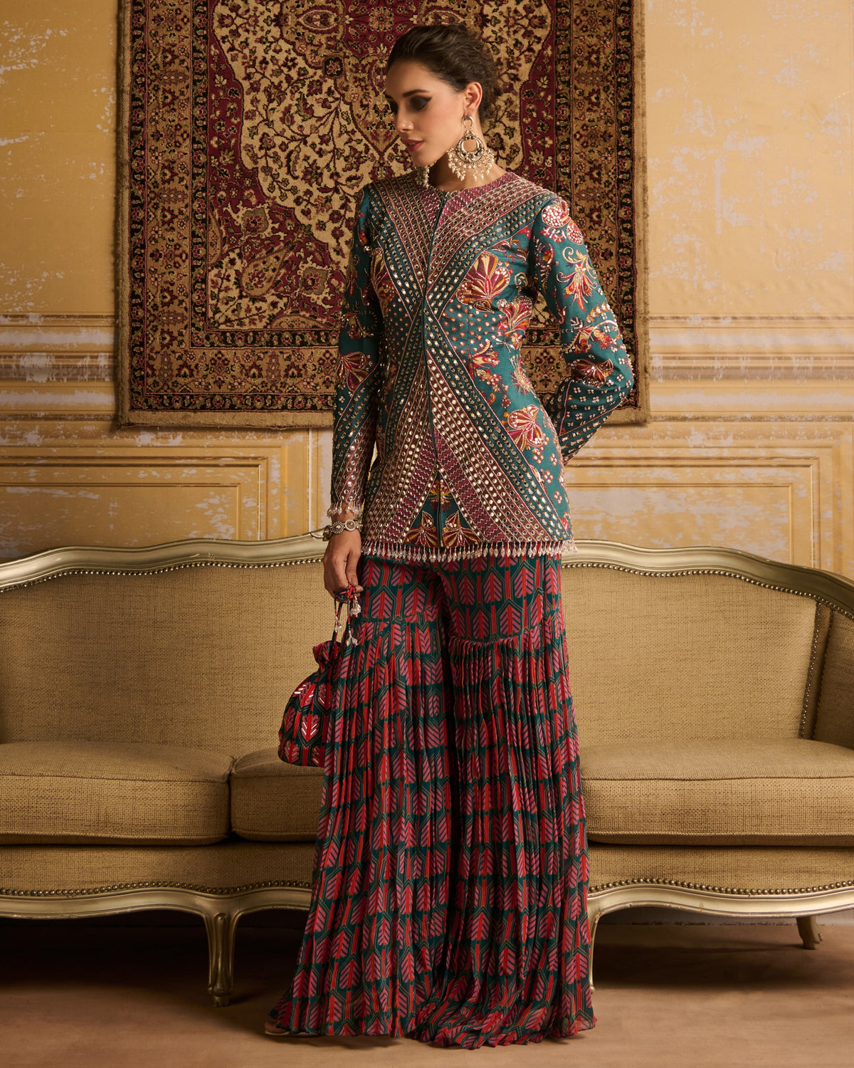 Teal Highlighted Jacket And Gharara Pants