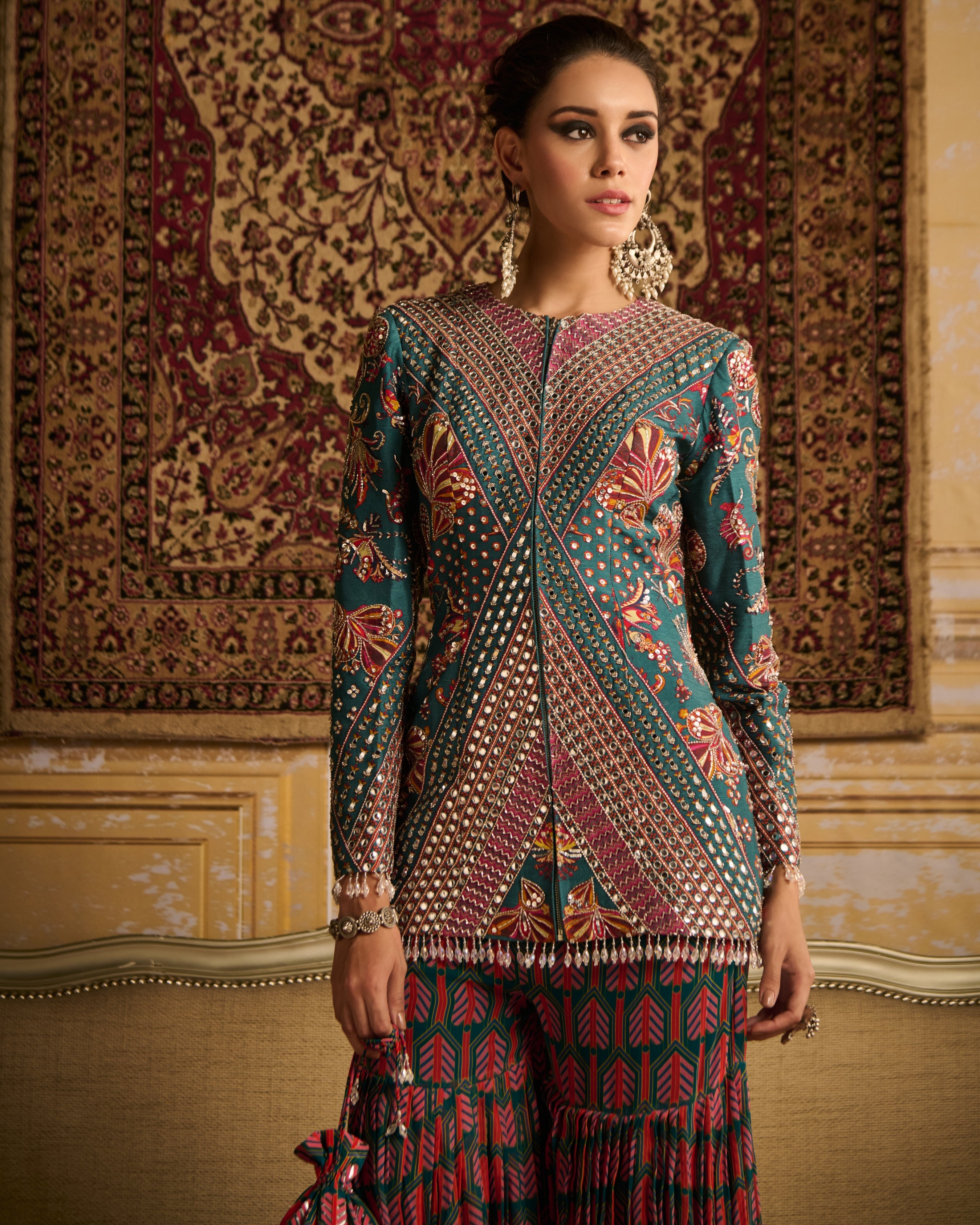 Teal Highlighted Jacket And Gharara Pants