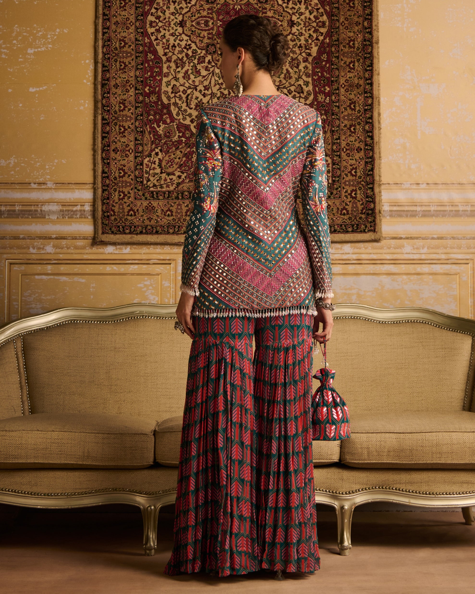 Teal Highlighted Jacket And Gharara Pants