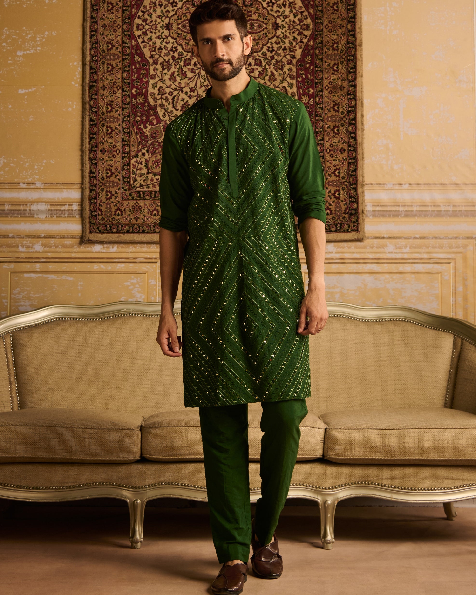 Olive Green Thread & Mirror Embroidered Kurta With Olive Green Pants