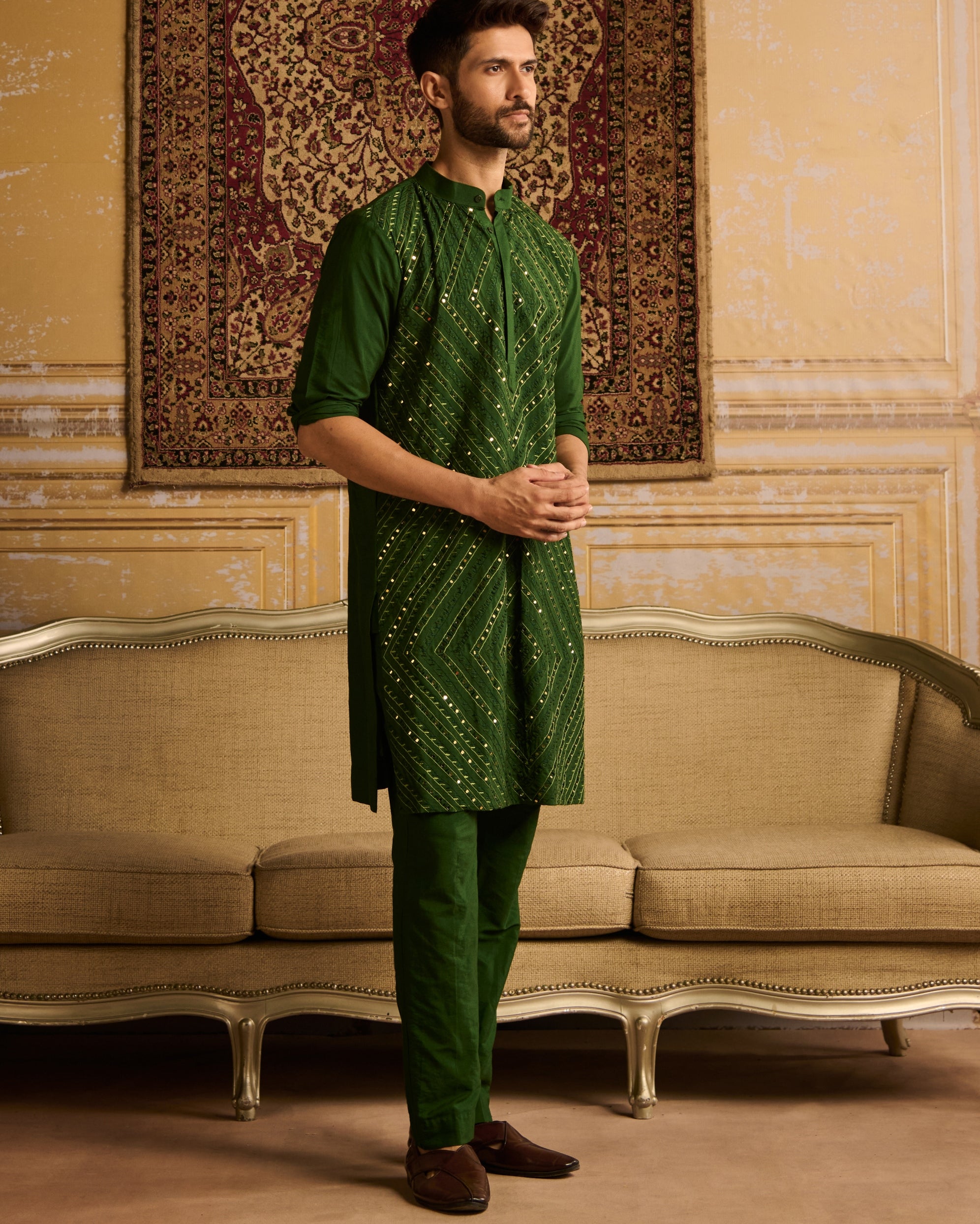 Olive Green Thread & Mirror Embroidered Kurta With Olive Green Pants