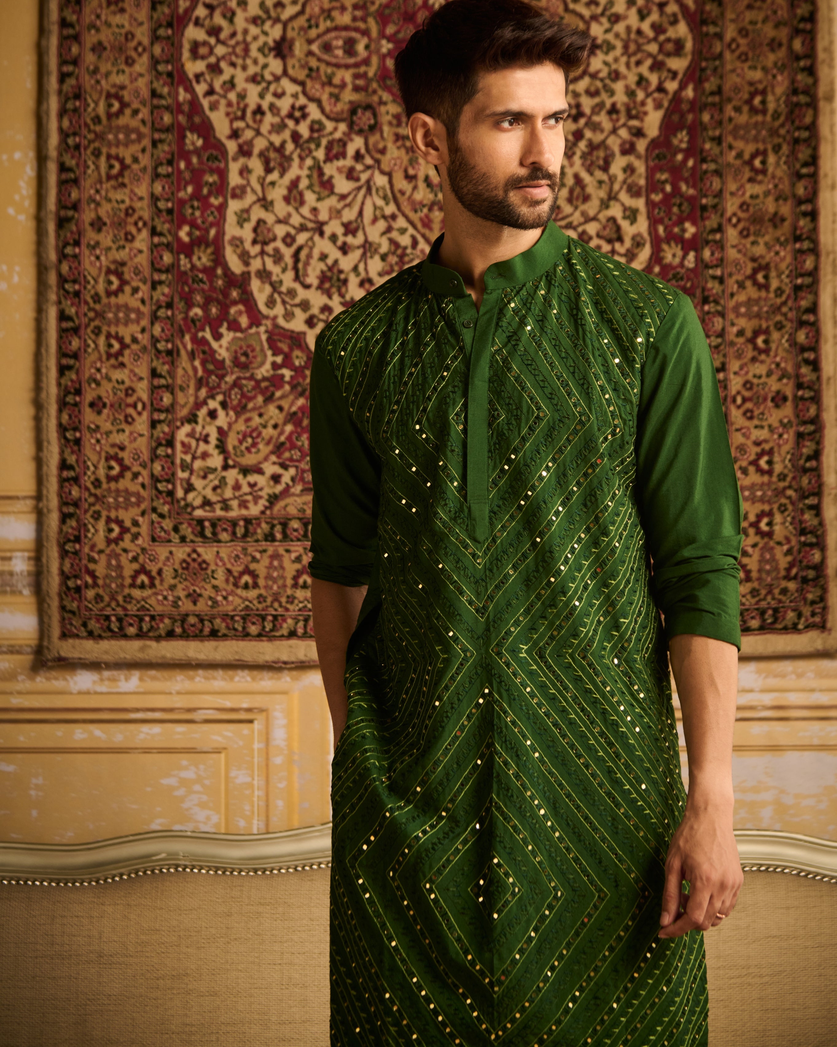 Olive Green Thread & Mirror Embroidered Kurta With Olive Green Pants