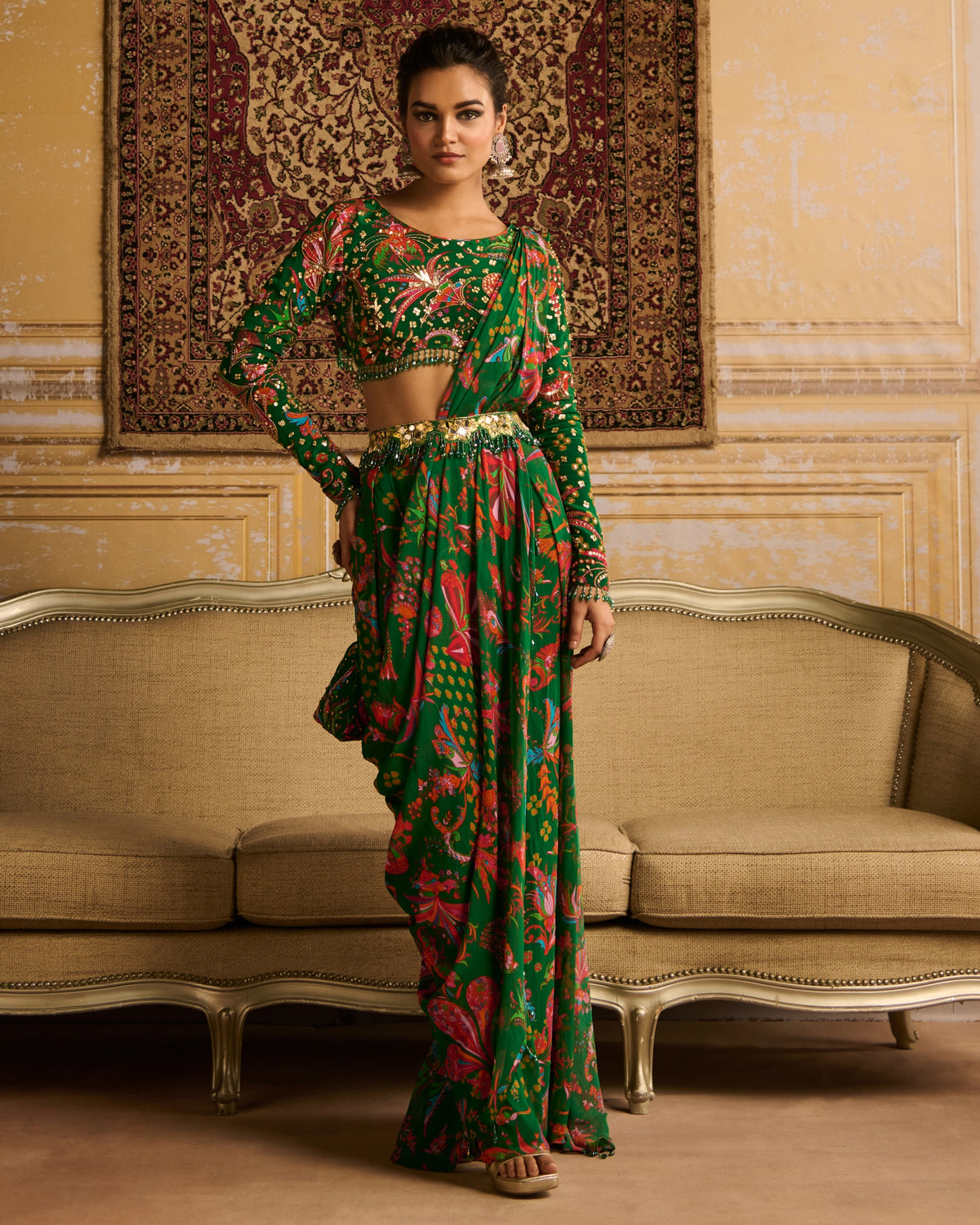 Dark Green Embroidered Blouse And Pant Sari Set