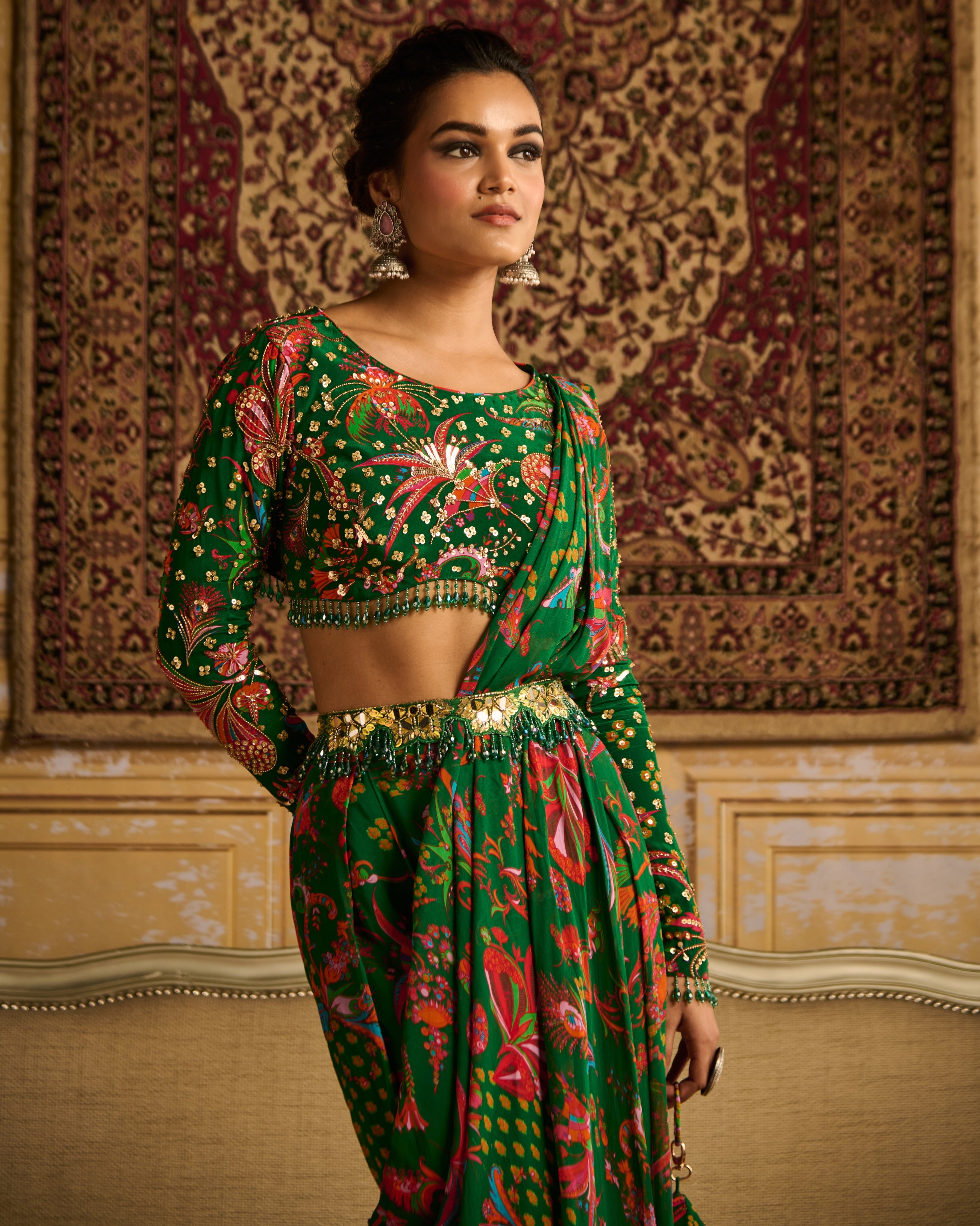 Dark Green Embroidered Blouse And Pant Sari Set