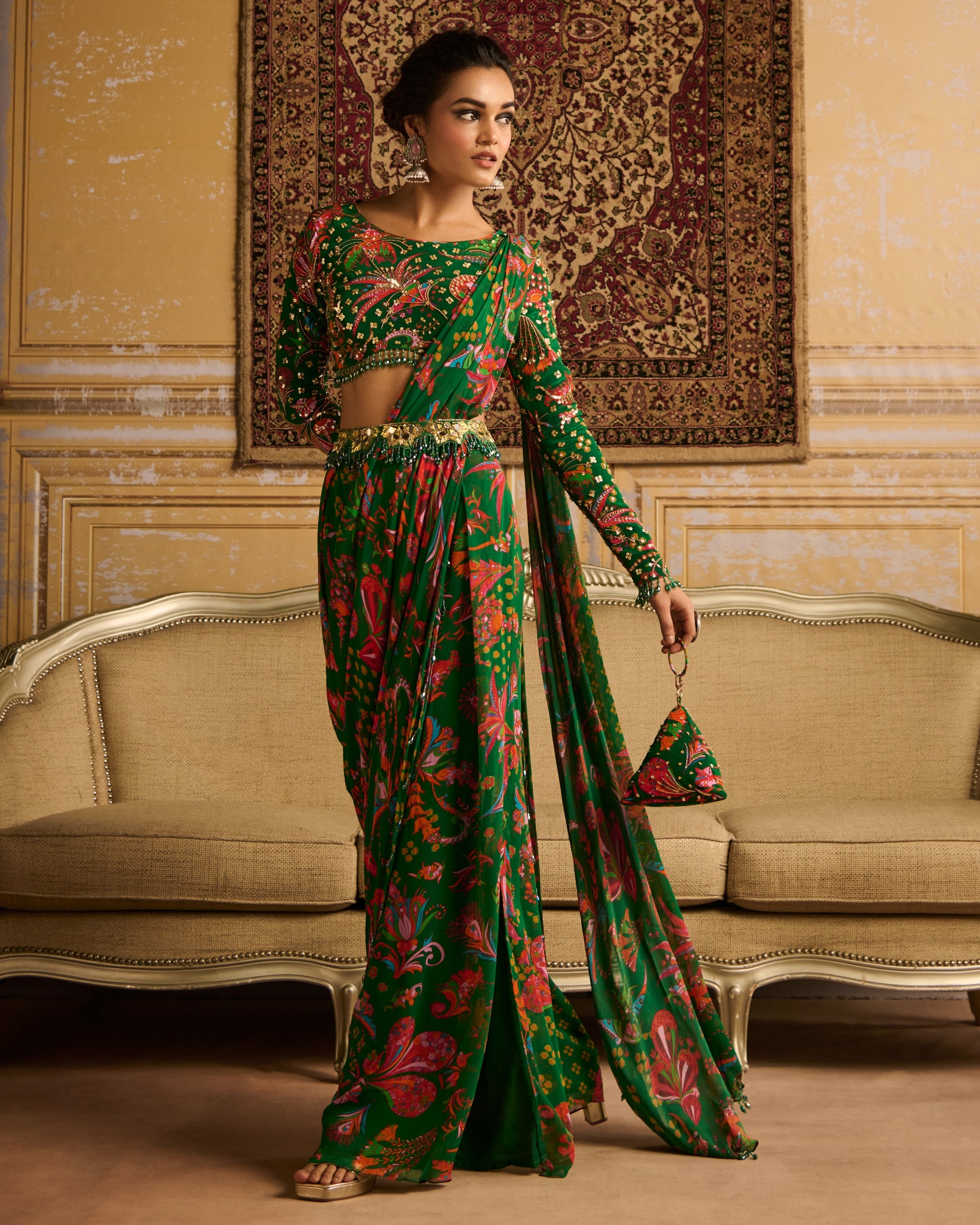 Dark Green Embroidered Blouse And Pant Sari Set