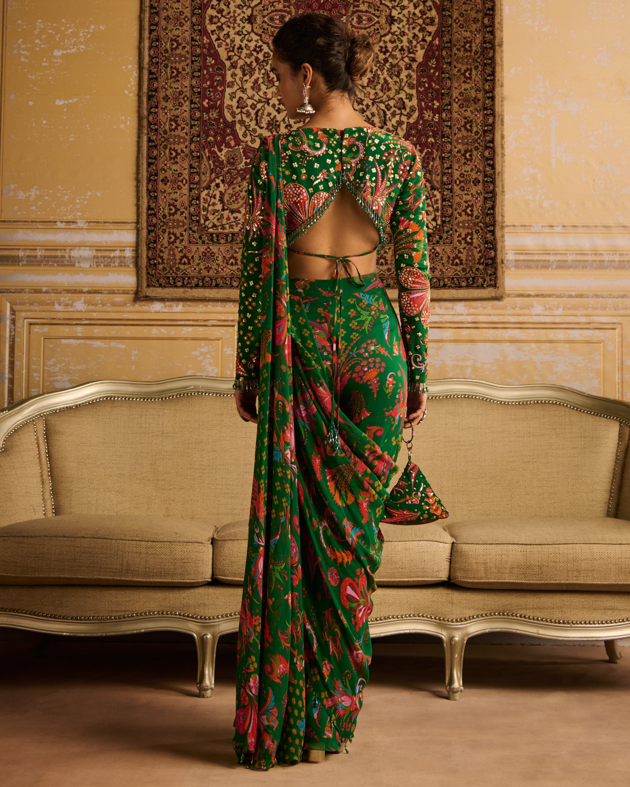 Dark Green Embroidered Blouse And Pant Sari Set