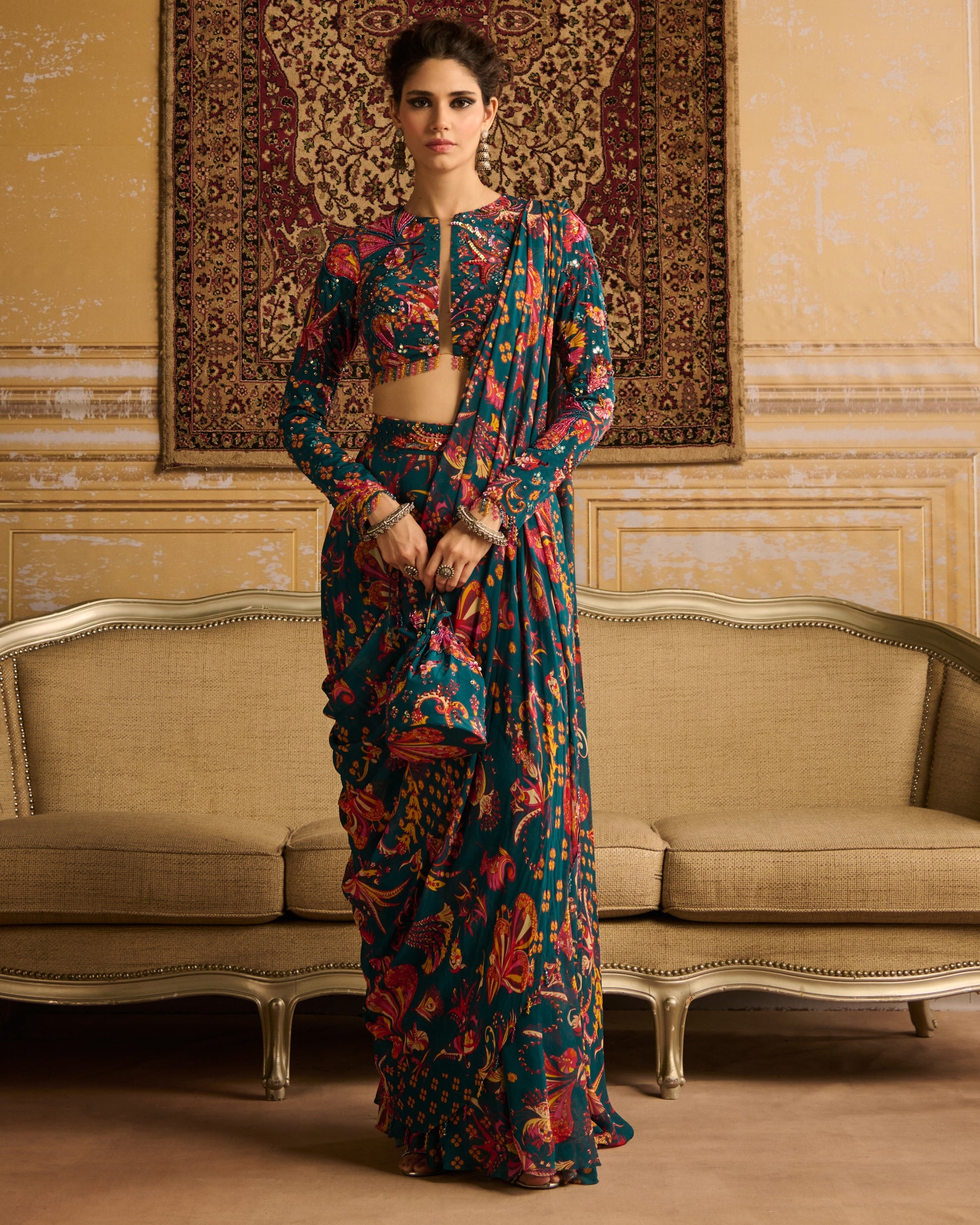 Teal Embroidered Blouse With Pant Sari Set