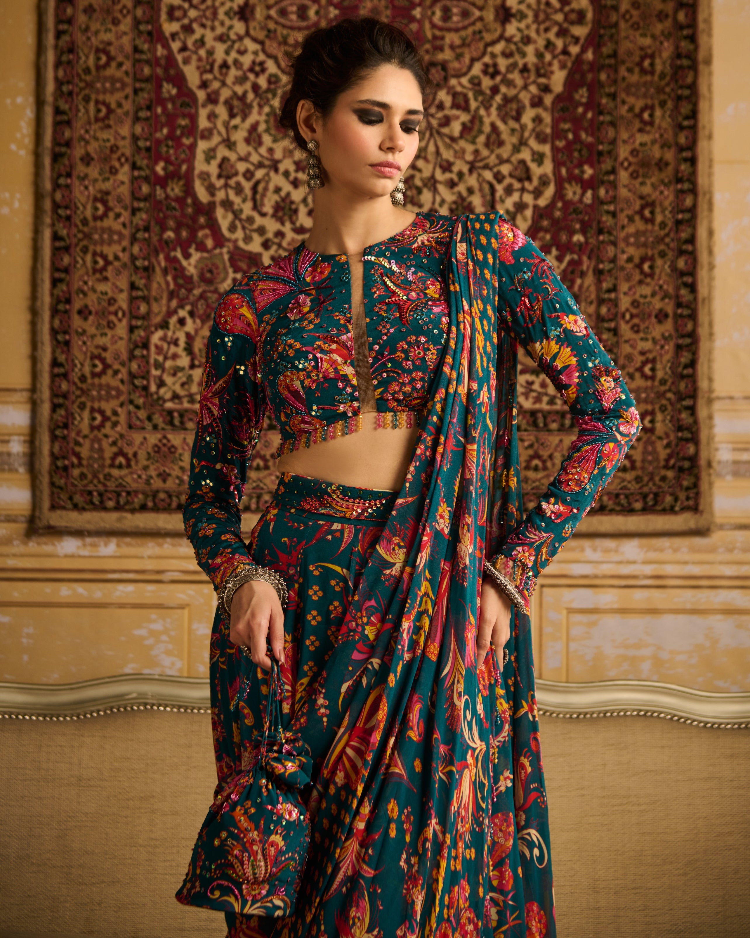 Teal Embroidered Blouse With Pant Sari Set