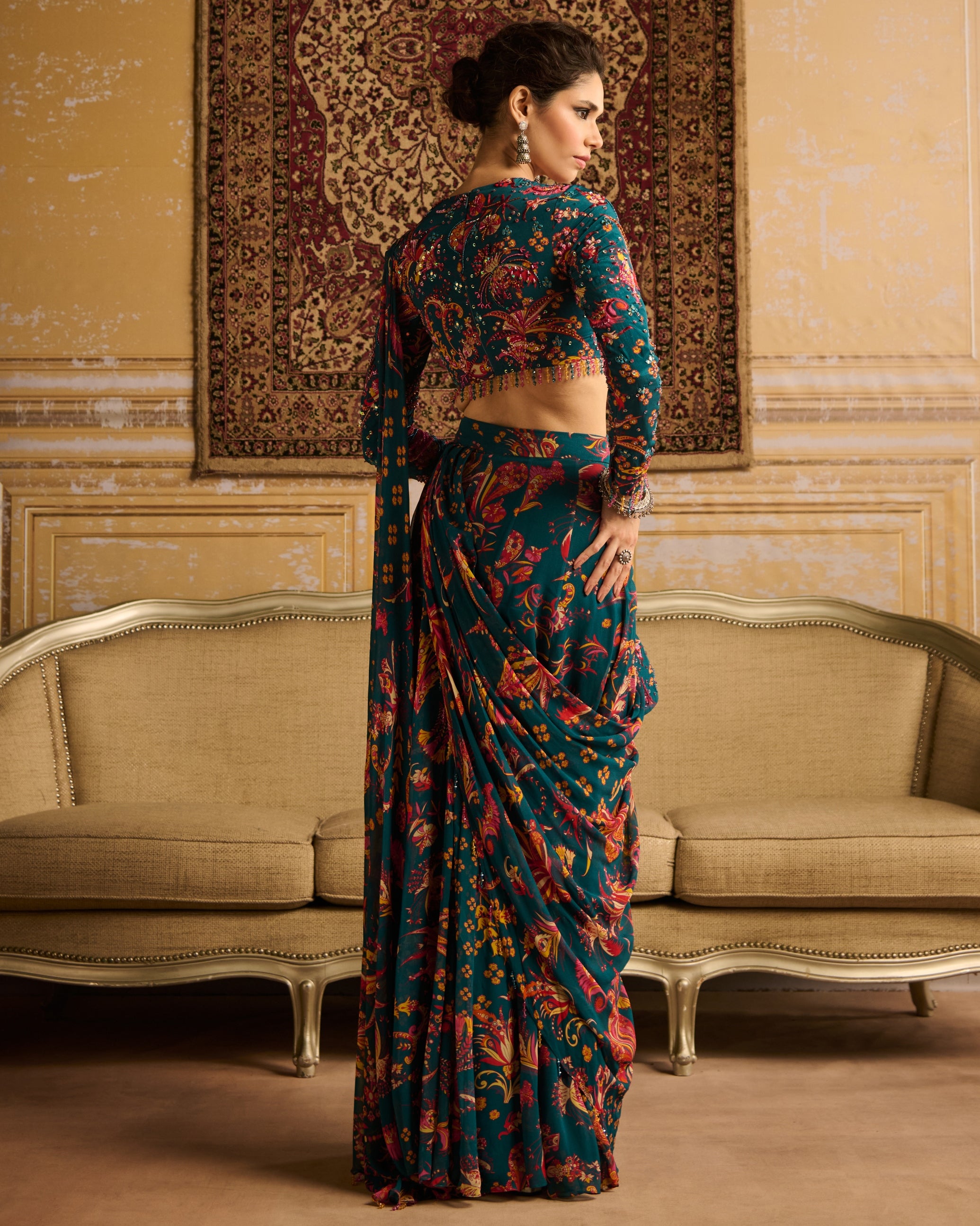 Teal Embroidered Blouse With Pant Sari Set