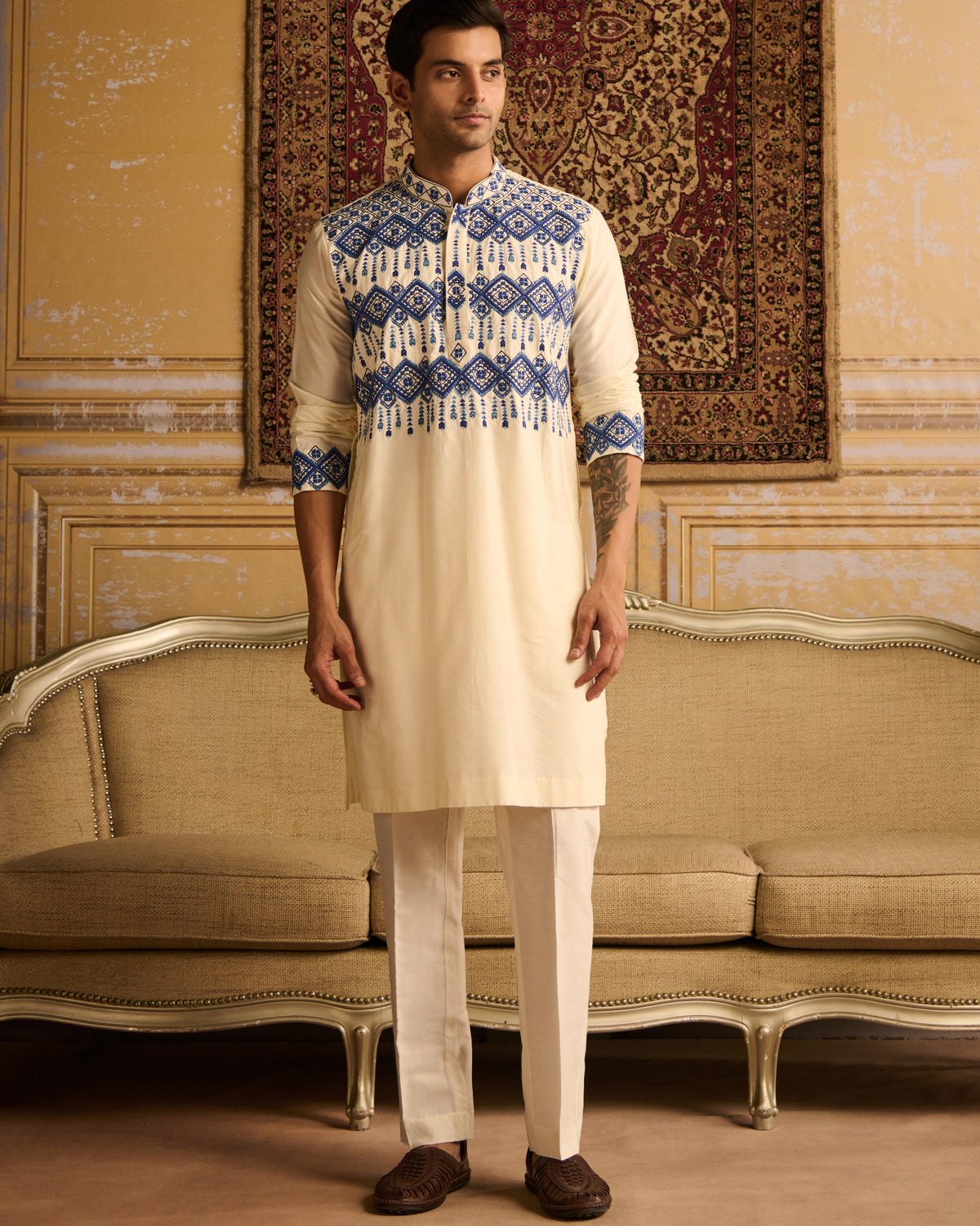 Ivory With Indigo Blue Geometric Embroidered Kurta With Ivory Pants