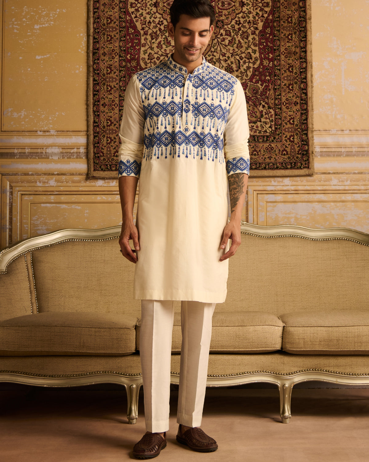 Ivory With Indigo Blue Geometric Embroidered Kurta With Ivory Pants