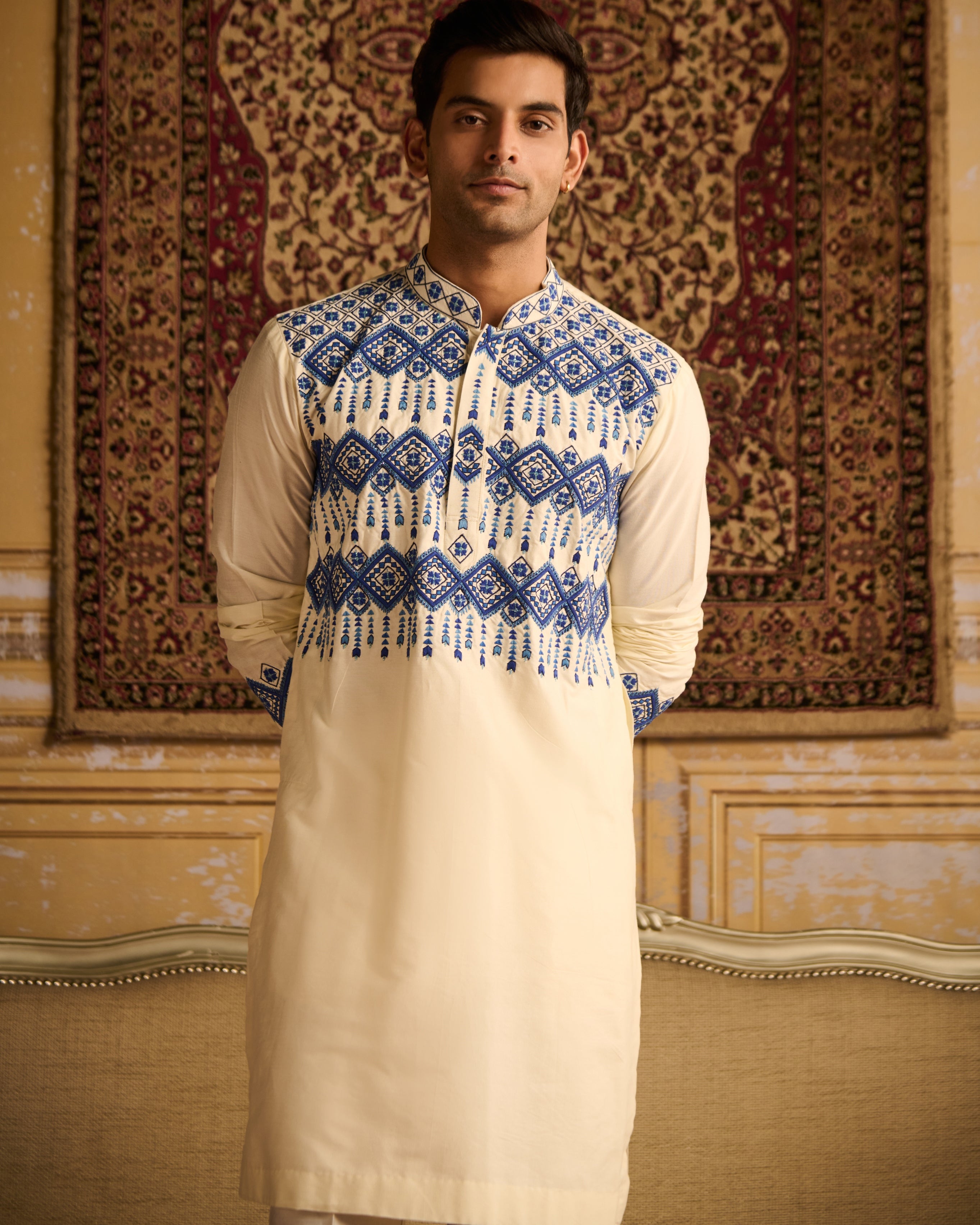 Ivory With Indigo Blue Geometric Embroidered Kurta With Ivory Pants