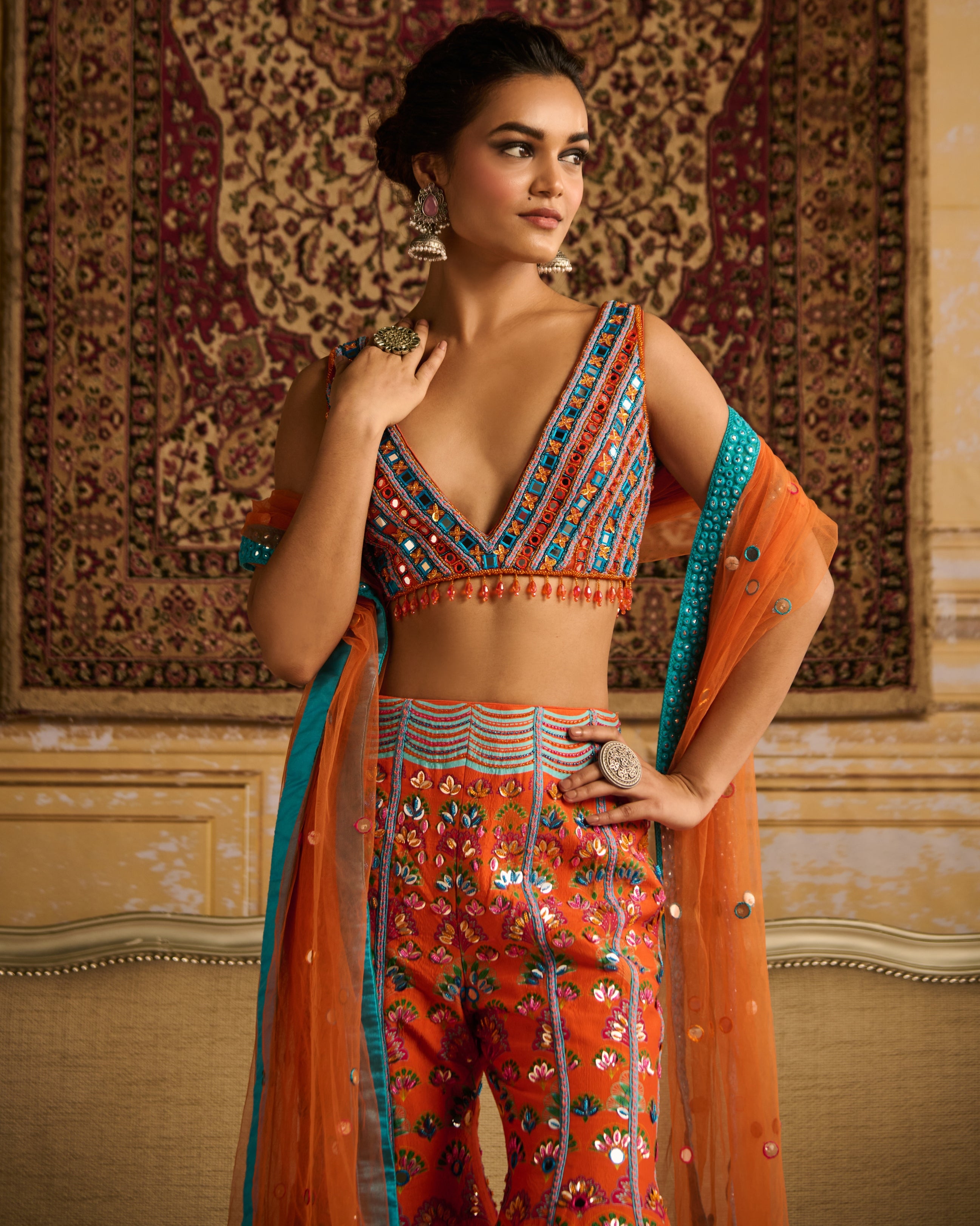 Orange Embroidered Blouse And Sharara Set