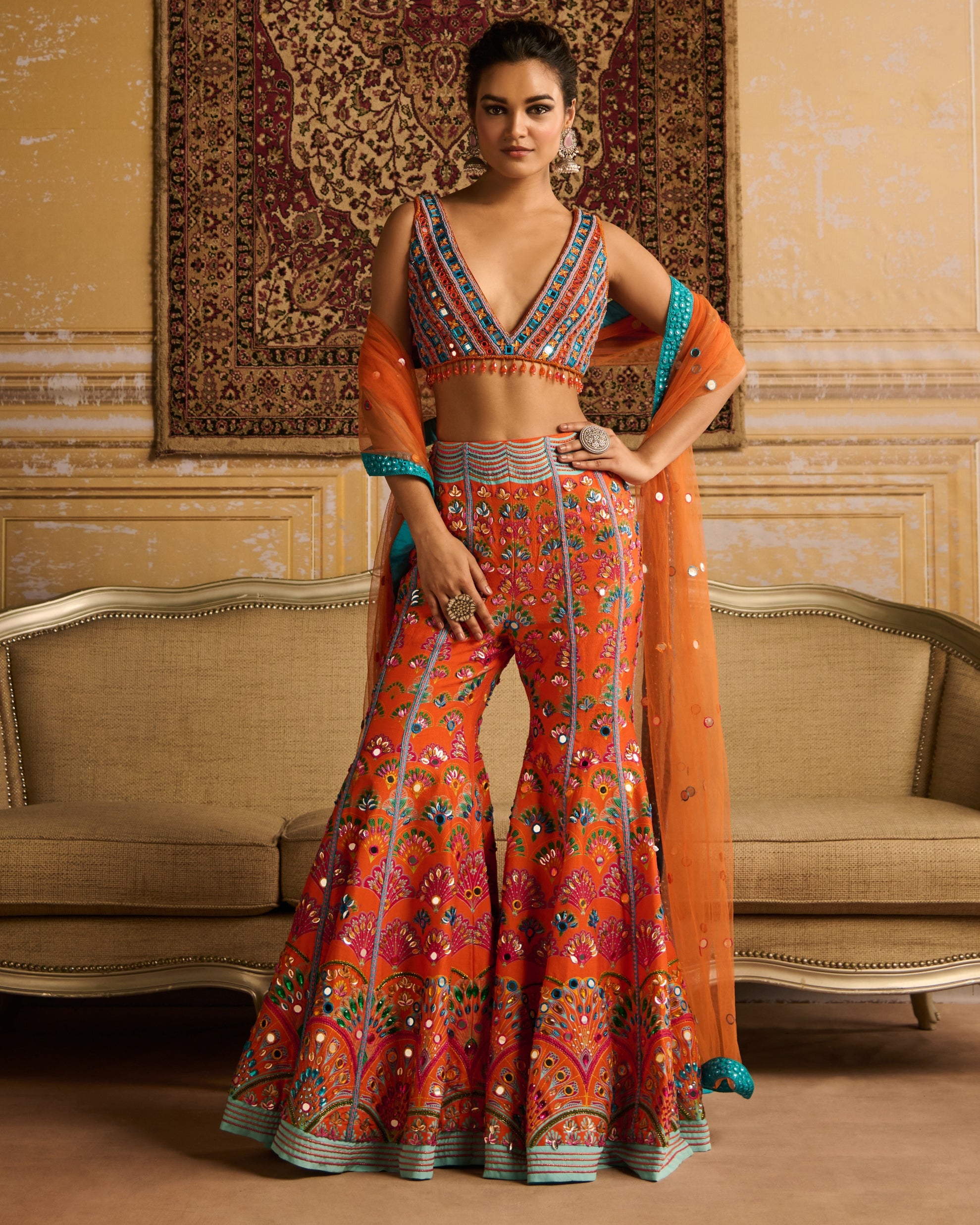 Orange Embroidered Blouse And Sharara Set