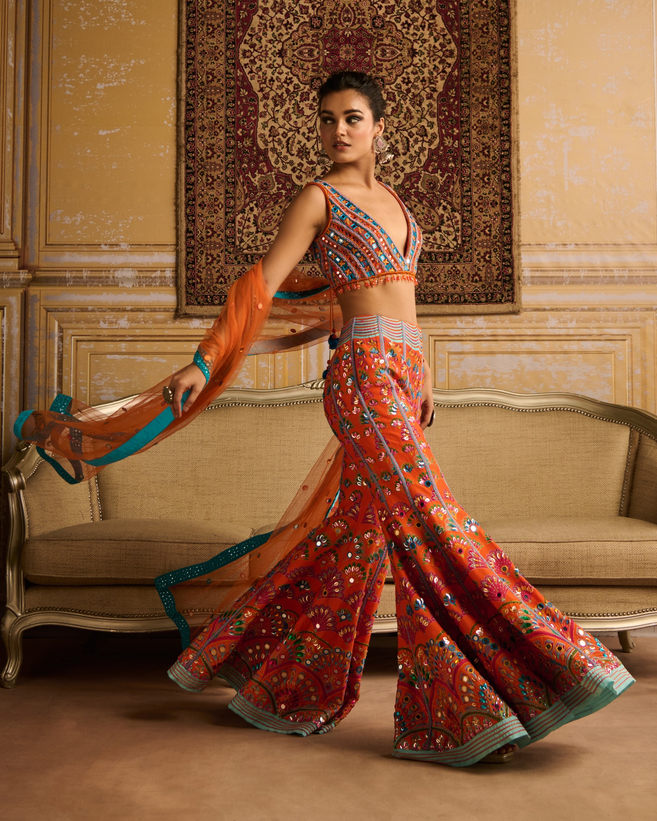 Orange Embroidered Blouse And Sharara Set