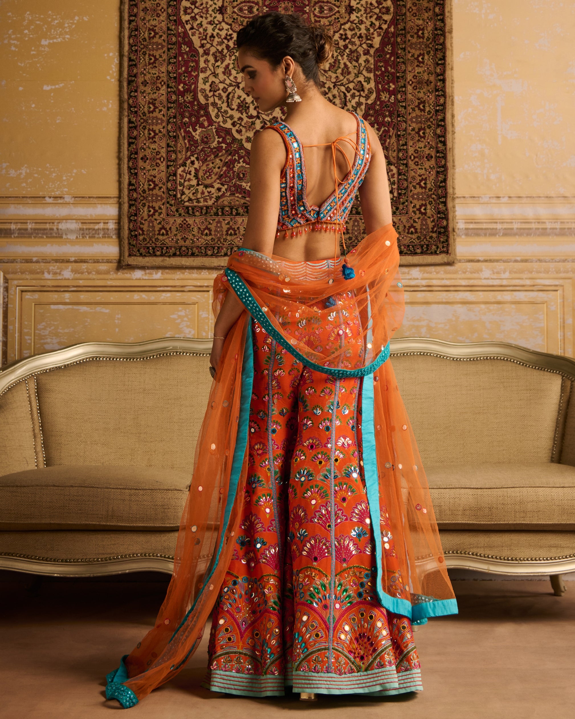 Orange Embroidered Blouse And Sharara Set