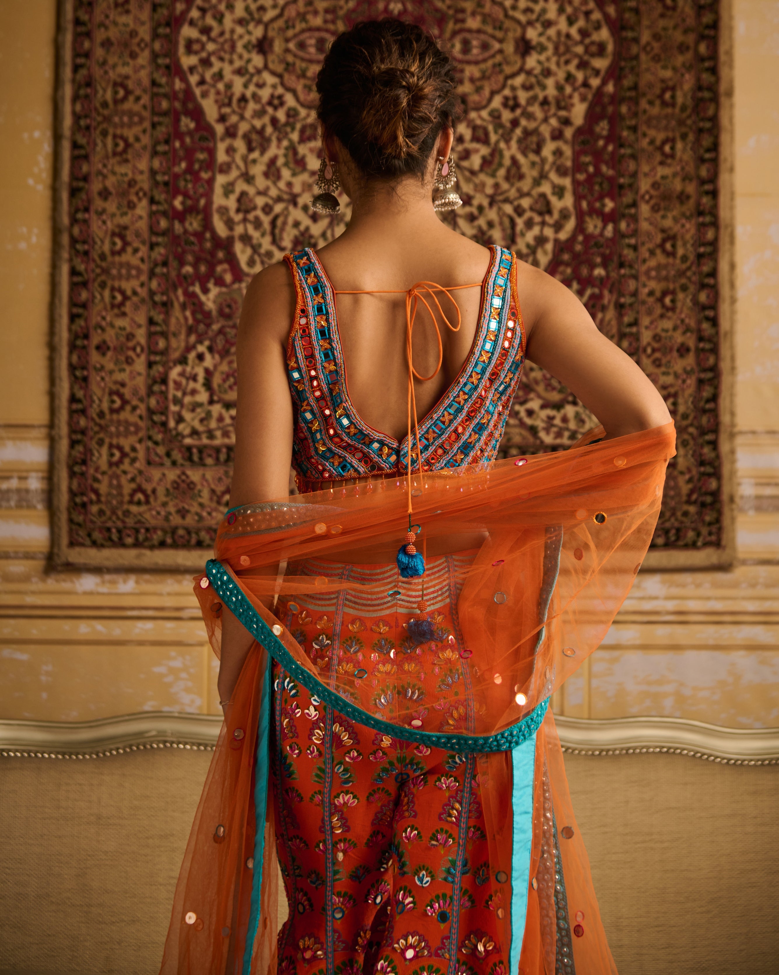 Orange Embroidered Blouse And Sharara Set