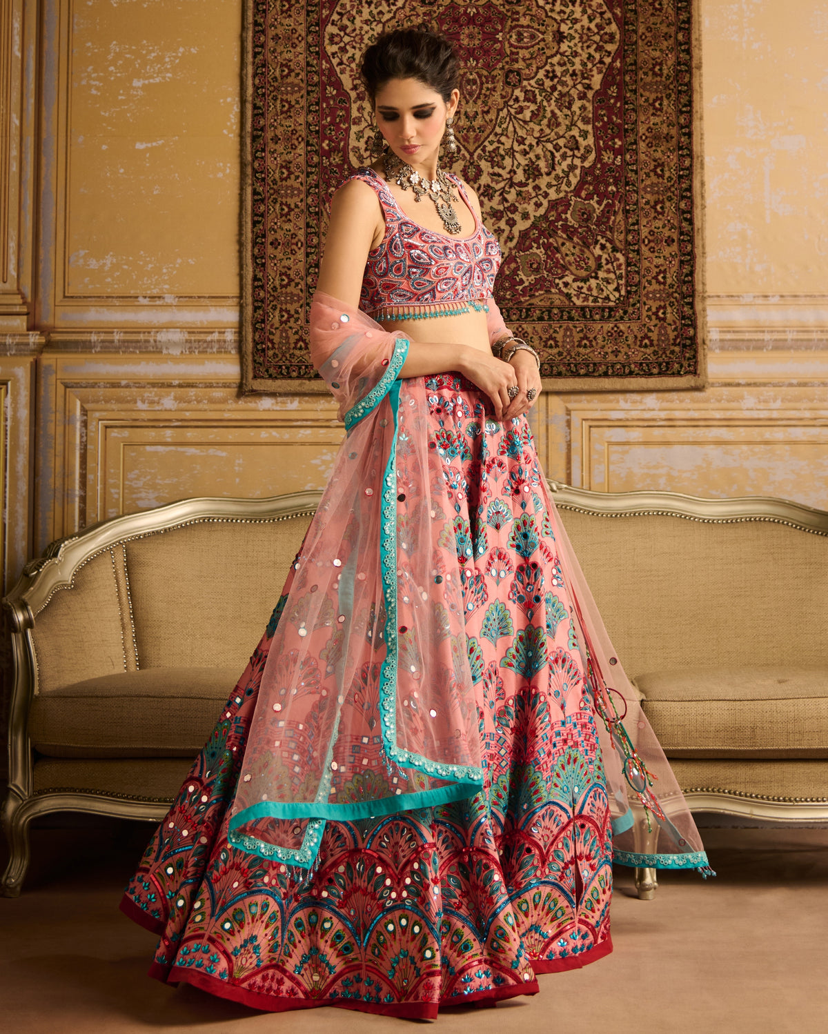 Peach Embroidered Blouse And Lehenga Set