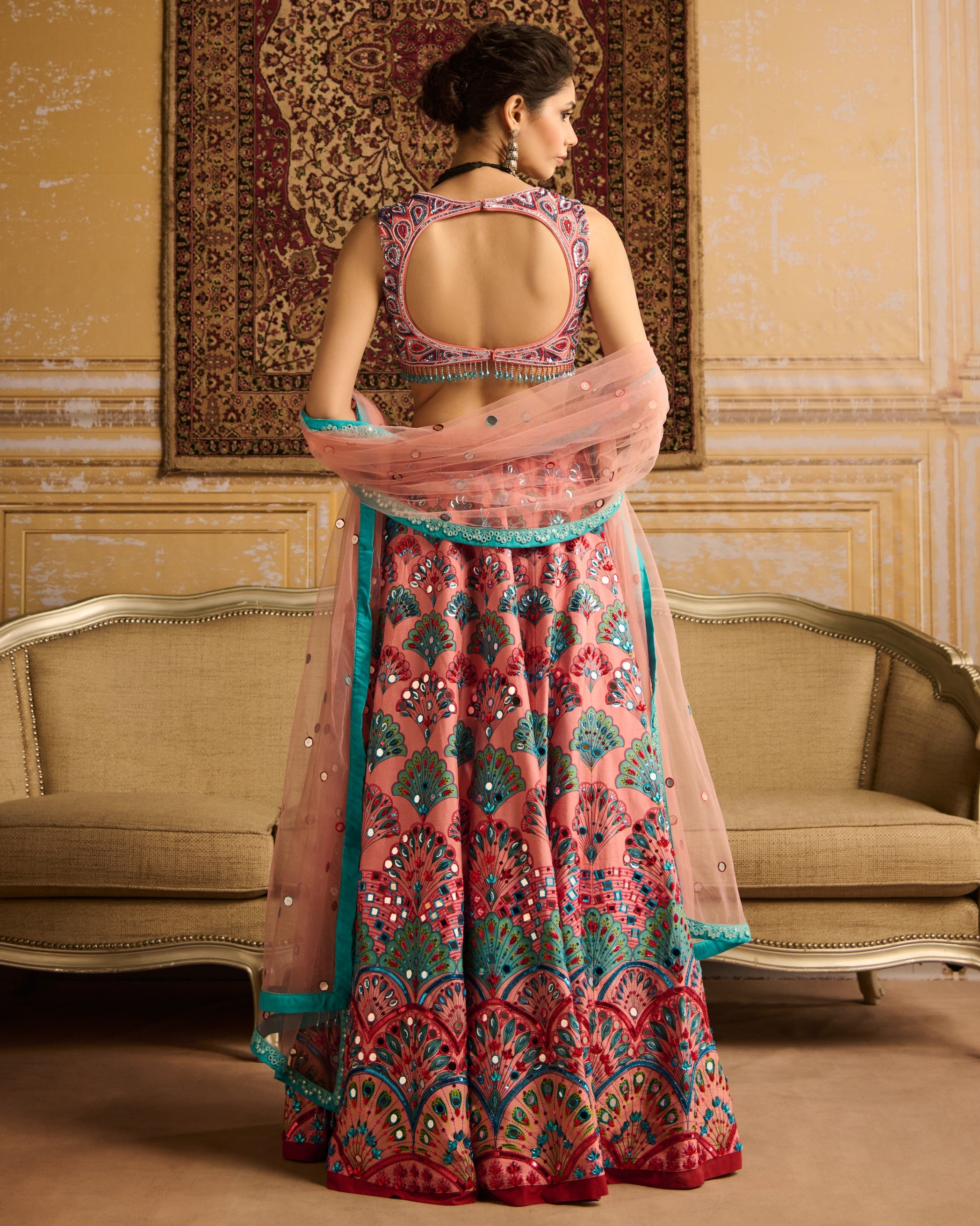 Peach Embroidered Blouse And Lehenga Set