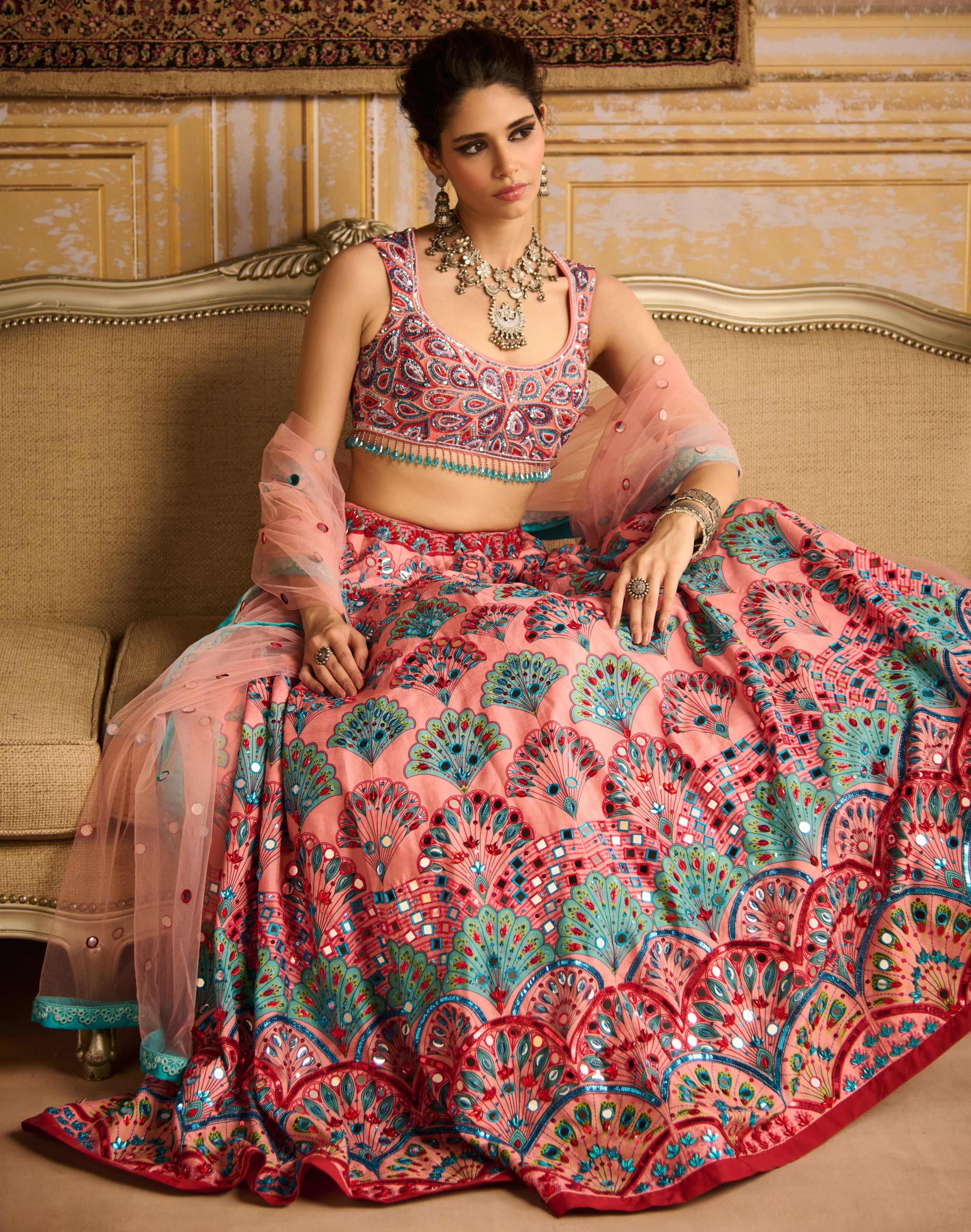 Peach Embroidered Blouse And Lehenga Set