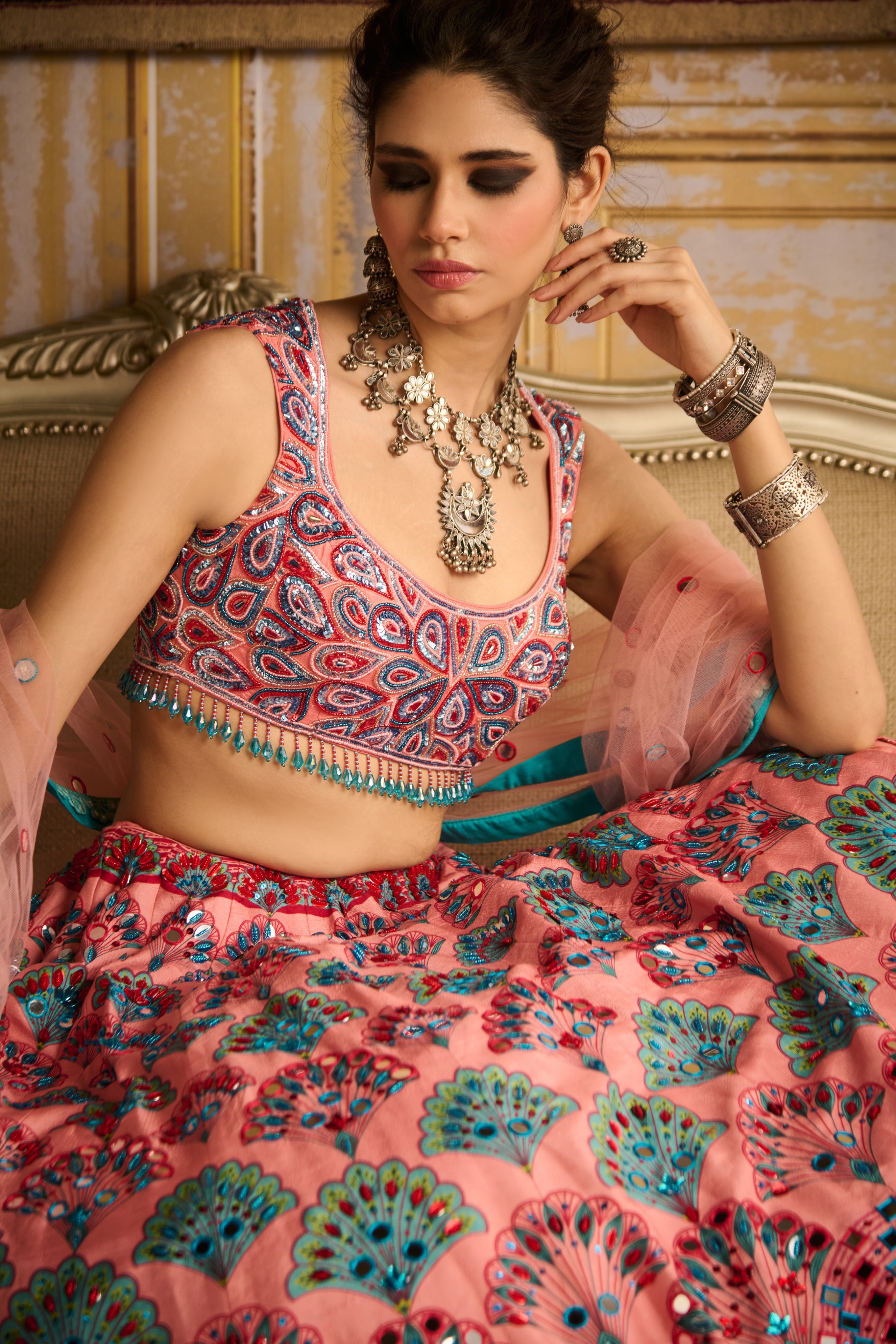 Peach Embroidered Blouse And Lehenga Set