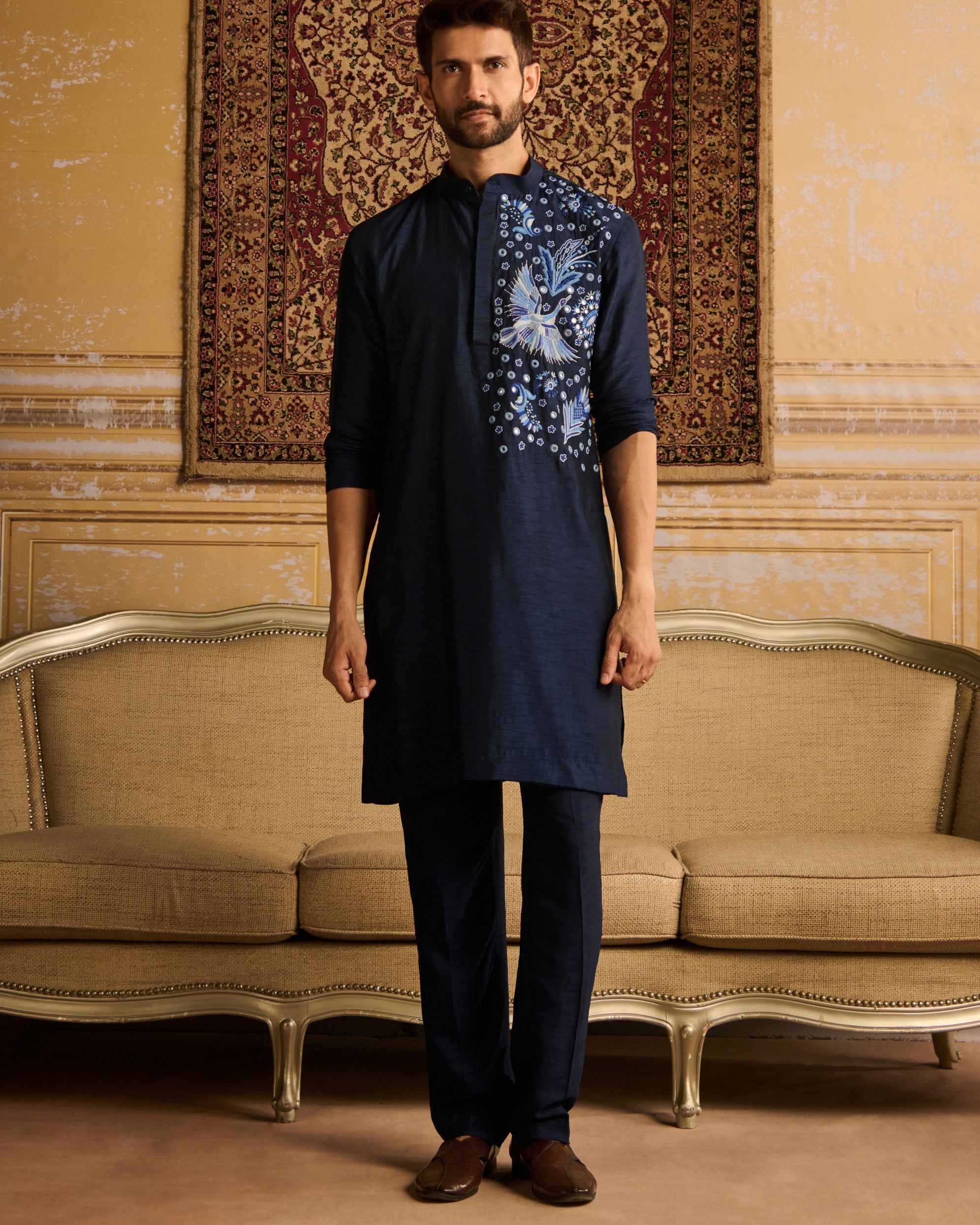 Dark Blue Cosmic Floral Embroidered Kurta With Dark Blue Pants