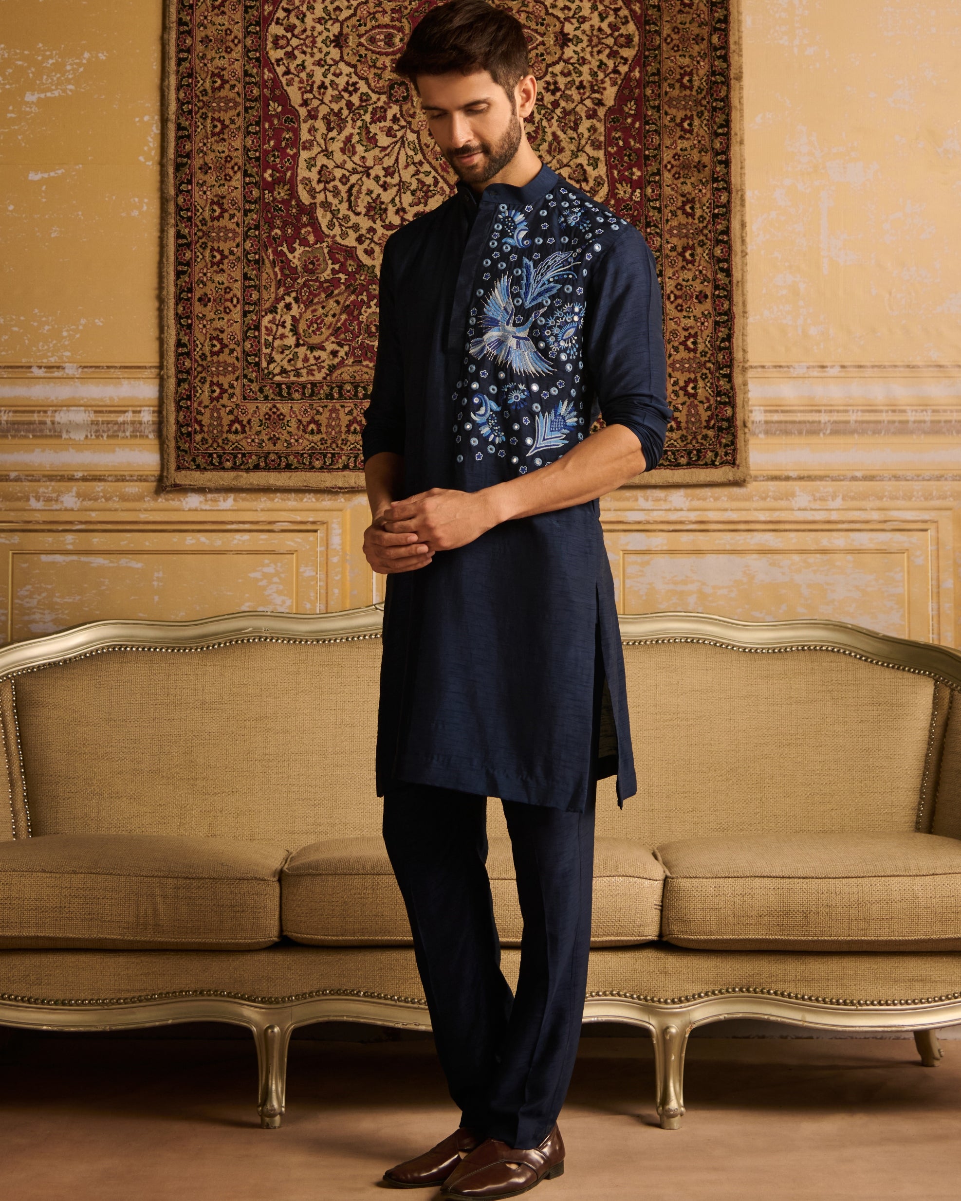 Dark Blue Cosmic Floral Embroidered Kurta With Dark Blue Pants