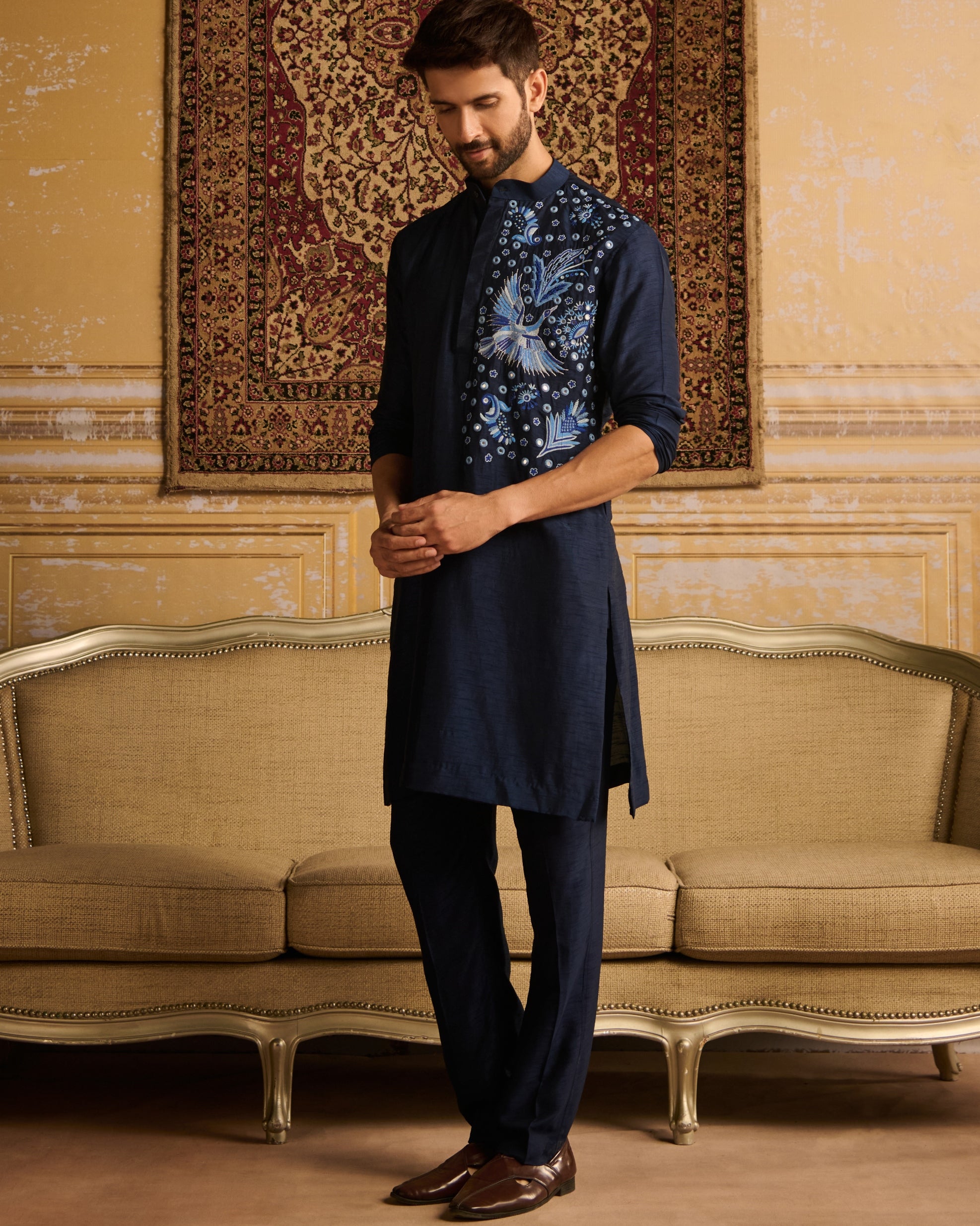 Dark Blue Cosmic Floral Embroidered Kurta With Dark Blue Pants