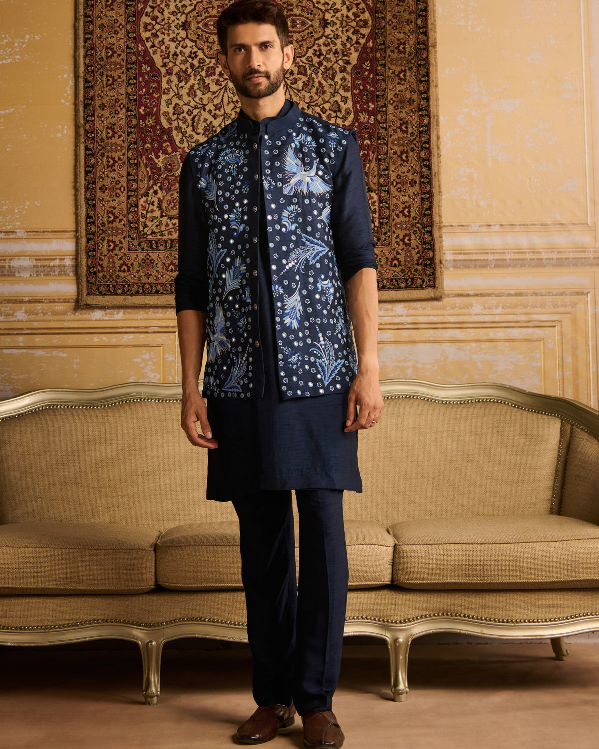 Dark Blue Cosmic Floral Embroidered Kurta With Dark Blue Pants