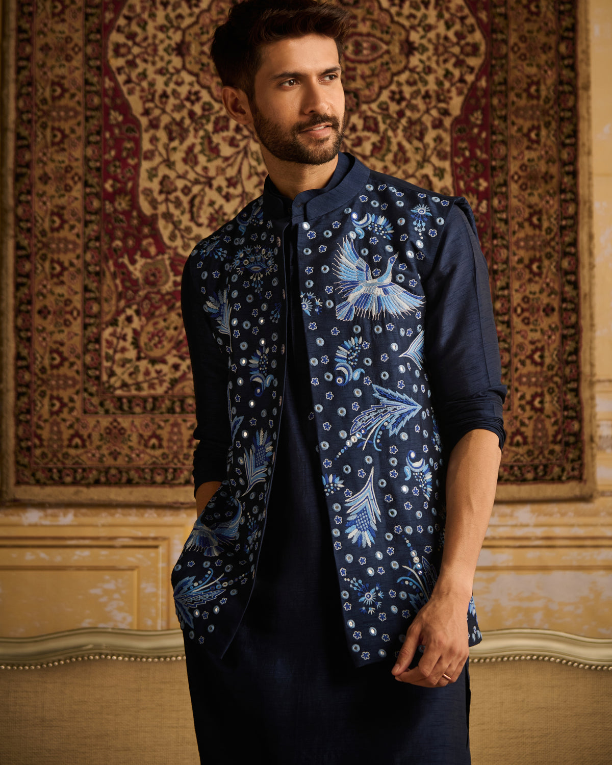 Dark Blue Cosmic Floral Embroidered Kurta With Dark Blue Pants